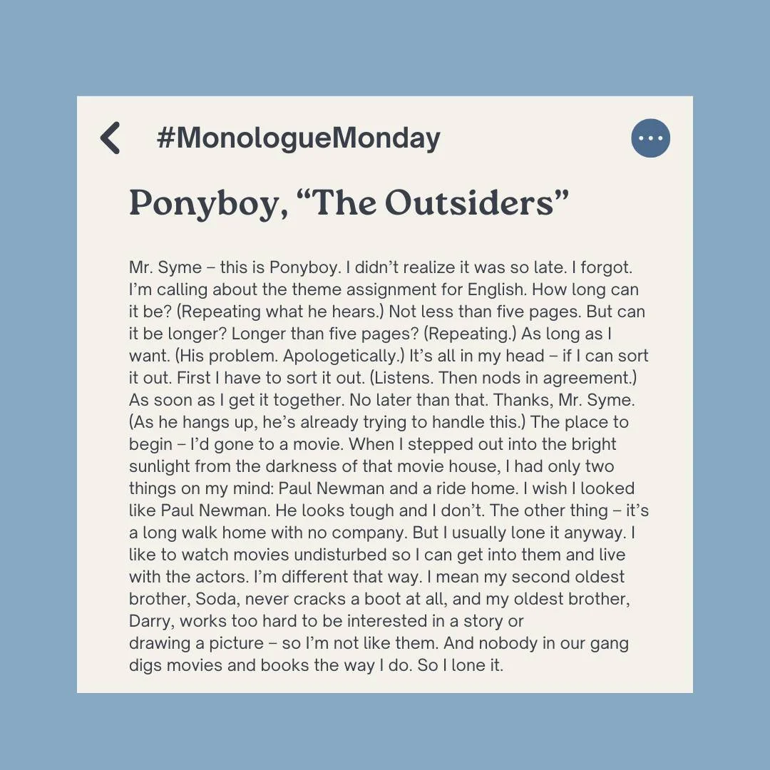 #MonologueMonday 

Monologues can be a difficult practice for theatre makers, and they aren't always easy to find... but HYT is here to help with our #MonologueMonday! 

If you are ever in need of a monologue for competition, auditions, or maybe just
