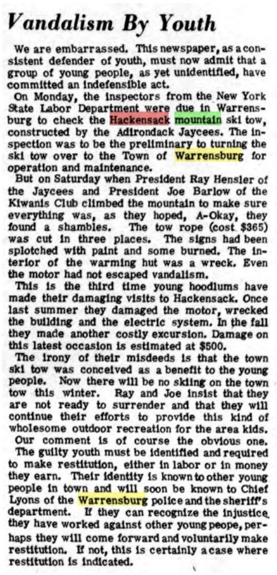 Report of vandalism of the ski tow on Hackensack Mountain, in the March 13, 1969 edition of The Warrensburg-Lake George News 