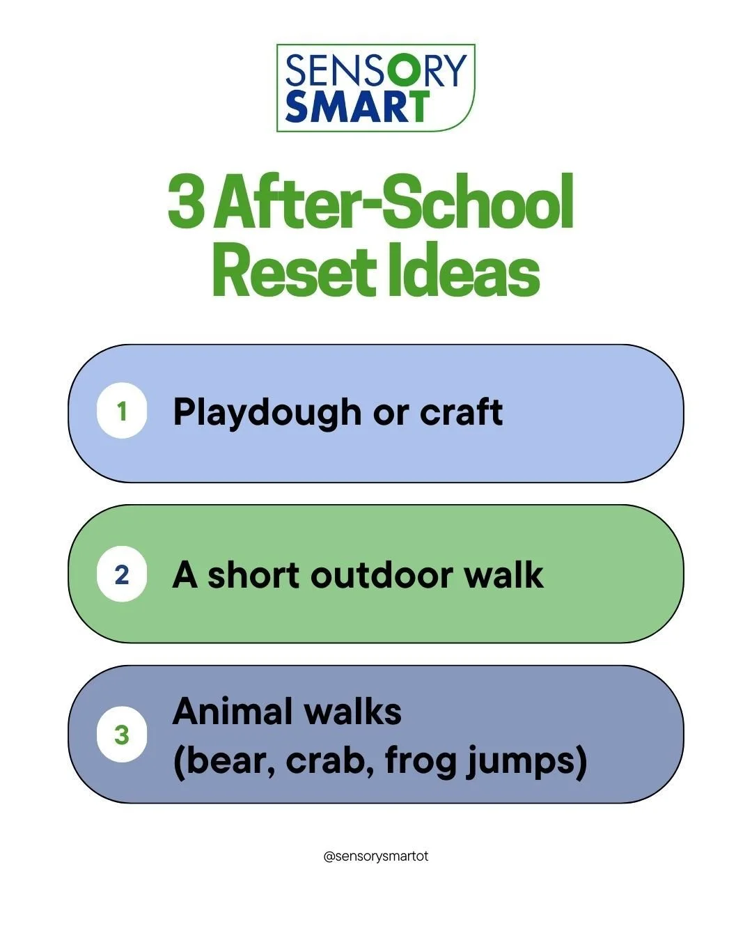 After school can be a tough transition. 
Here are 3 simple ways to help your child reset before homework or dinner:

✔ Playdough or craft
✔ A short outdoor walk
✔ Animal walks (bear, crab, frog jumps)

What helps your child wind down at the end of th
