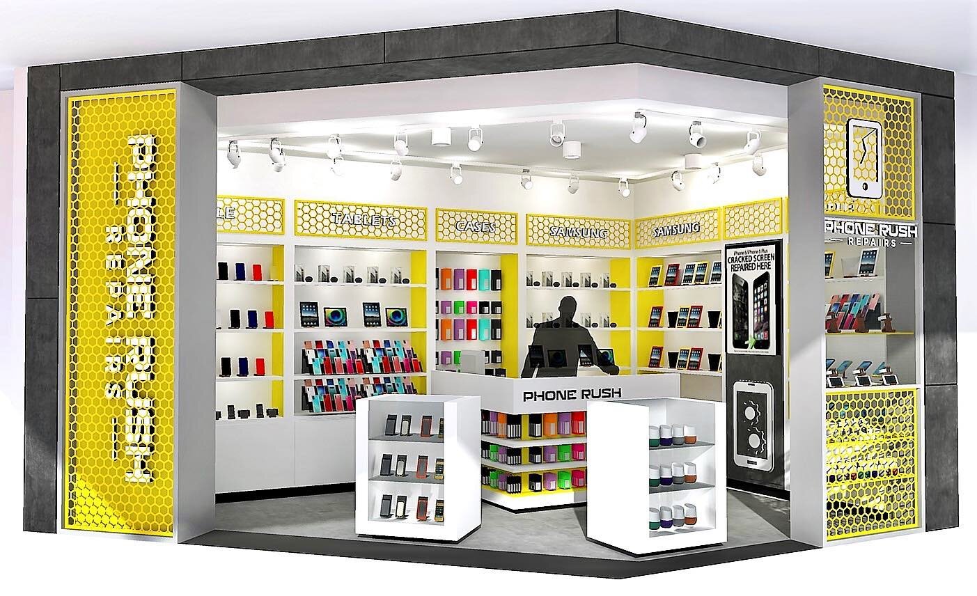 Coming soon, Phone Rush Repairs - Colonnades - Well done Simran we look forward to seeing this progress in the next few weeks ! @new_edge_retail_design_adel #retailarchitectureanddesign #phone #phoneaccessories #yellow #phonecases #phoneshop