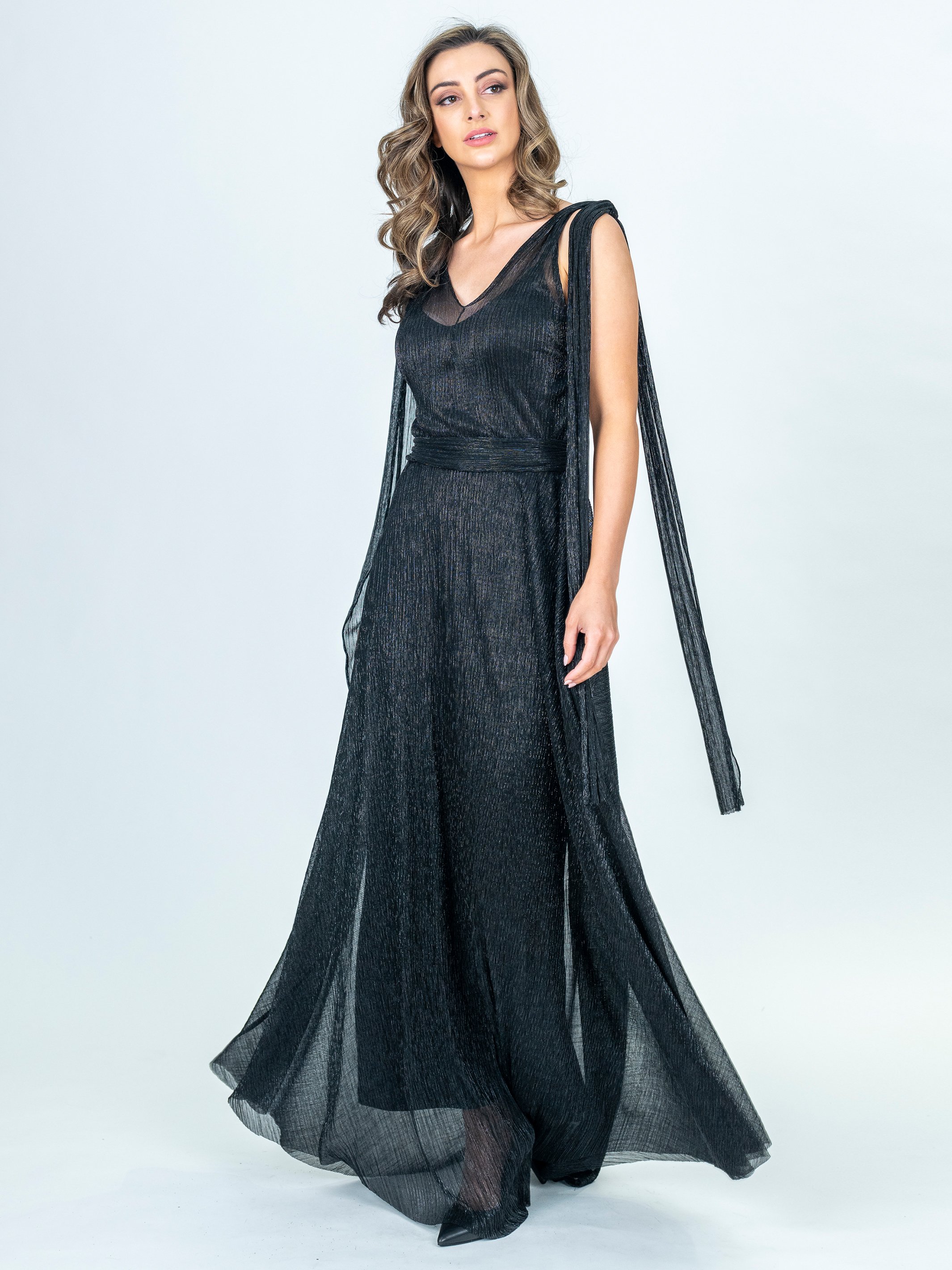 Modest Beaded Cap Sleeved Long Black Tulle Prom Dress Open Back - $124.9776  #AM79130 - SheProm.com