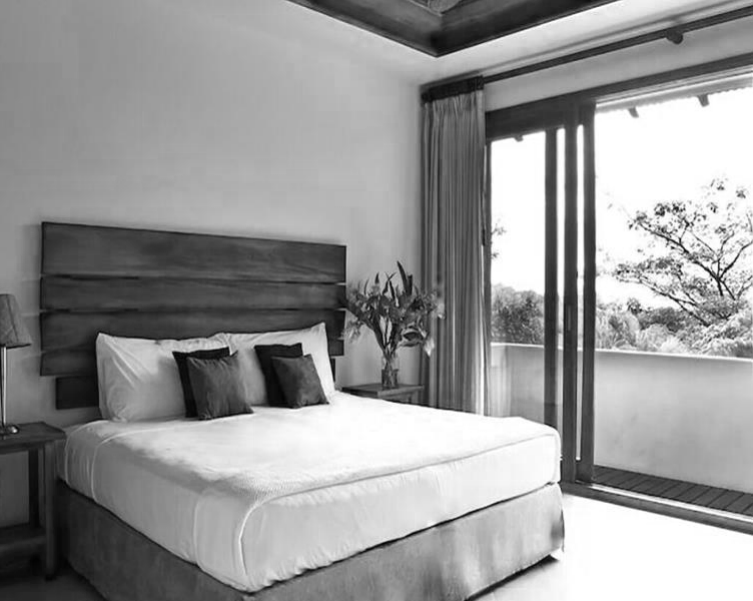 A bedroom with a bed, pillows, a nightstand with a lamp, a plant, and large sliding glass doors opening to a balcony with trees outside.