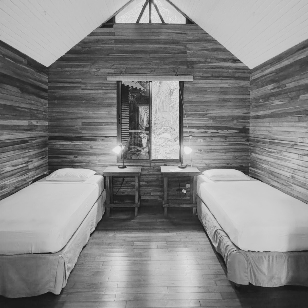 Two small wooden huts surrounded by lush green tropical plants and trees, with stone pathways leading to each hut in a jungle-like setting.