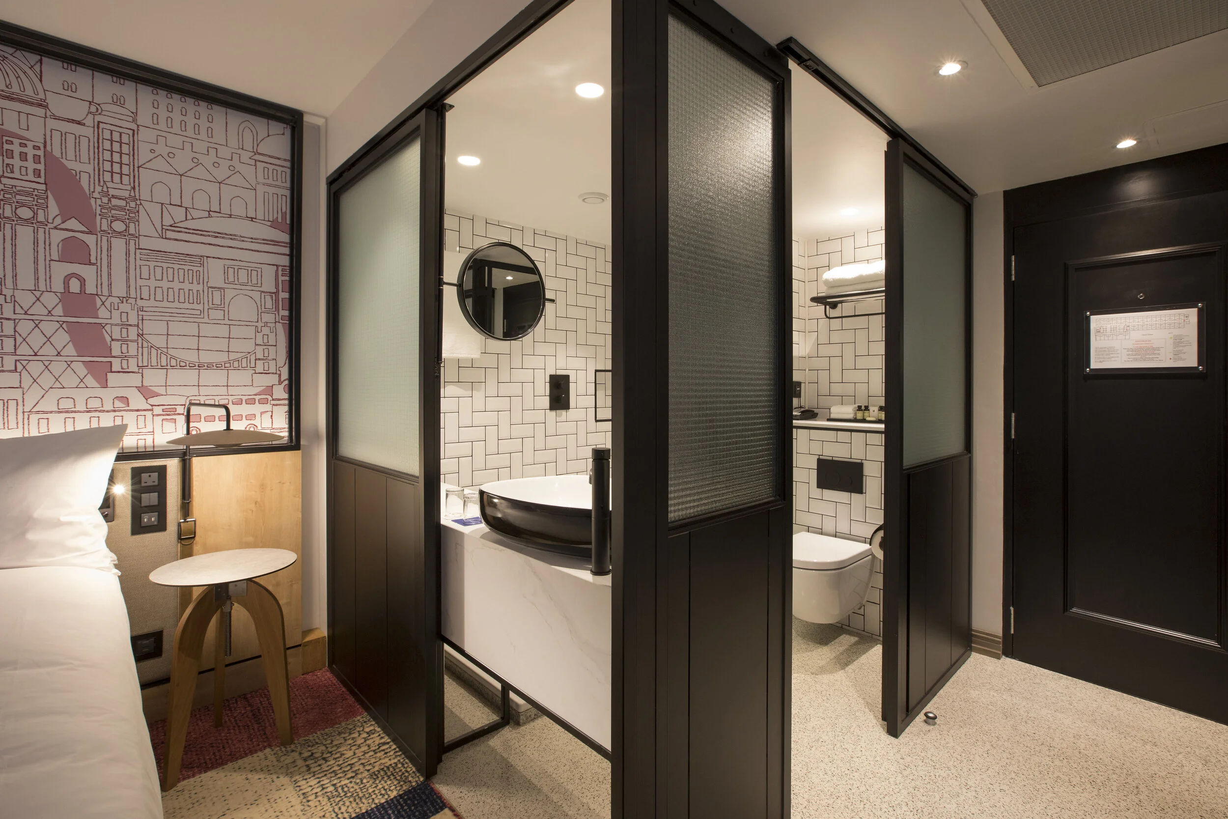 Prefabricated bathroom panels that can be opened up to the bedroom