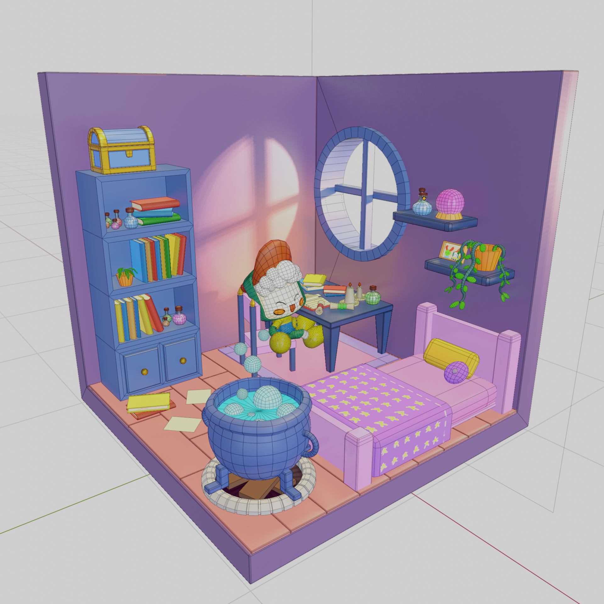 Musubibi sitting in Wizard Room Isometric w_ Wireframe .png