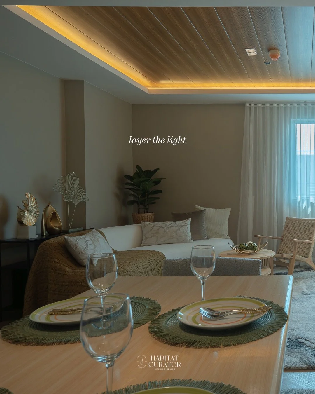 Layer the light and the room does the rest. ☁️🌙

🪵
Project: The Gentle Grove
Area: 80sqm, 3 Bedroom
Location: Palm Beach West, Pasay City
Inquiry: www.hannachua.com/inquire

#cozyspaces #livingroominterior #lightingtrends #cozyliving #interiordesig