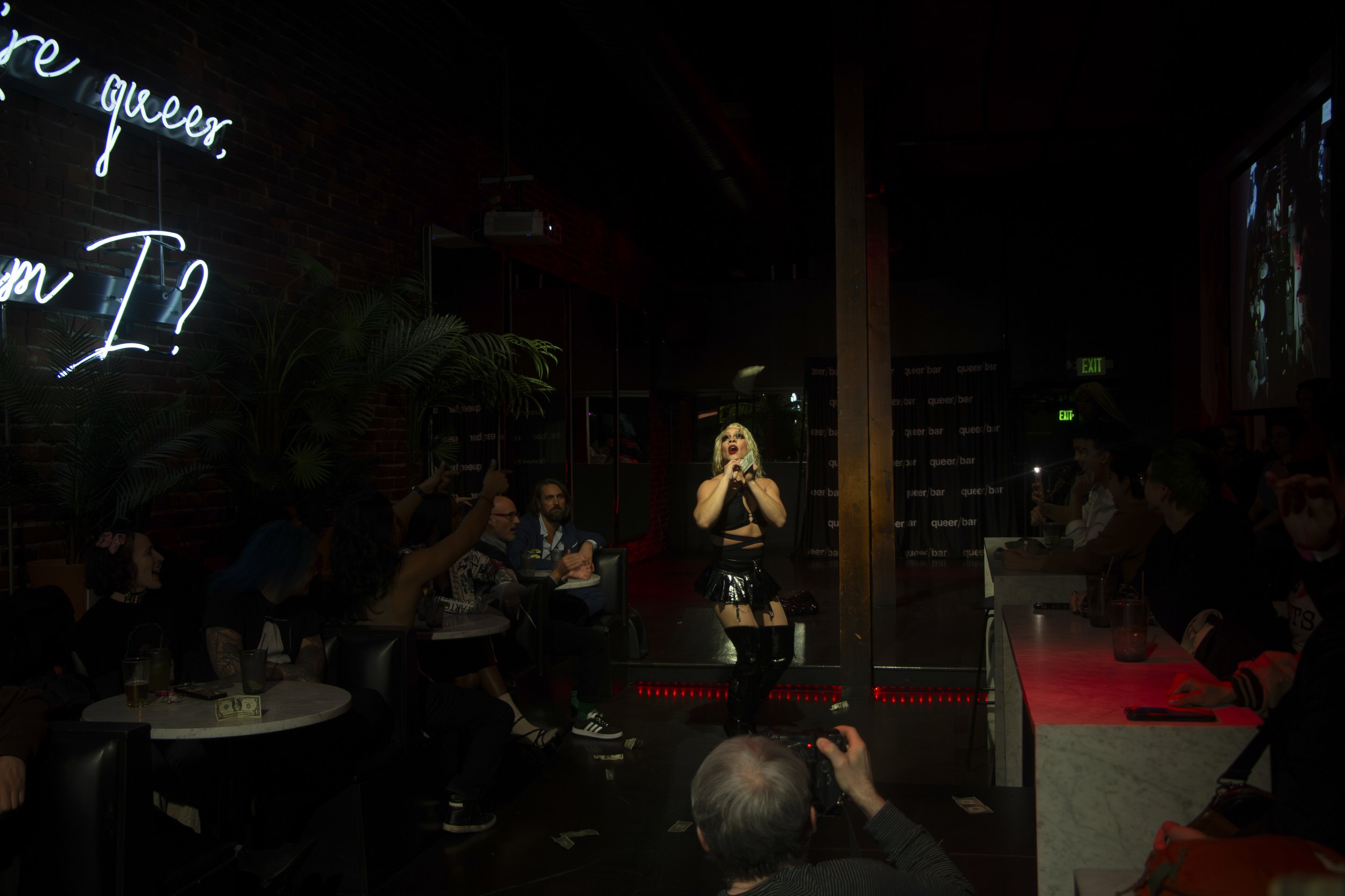 Glenn Coco stuns the crowd with her second dominatrix inspired look of the night at the Bronze Babez show at Queer/Bar, Seattle Wash. Nov. 29, 2023.