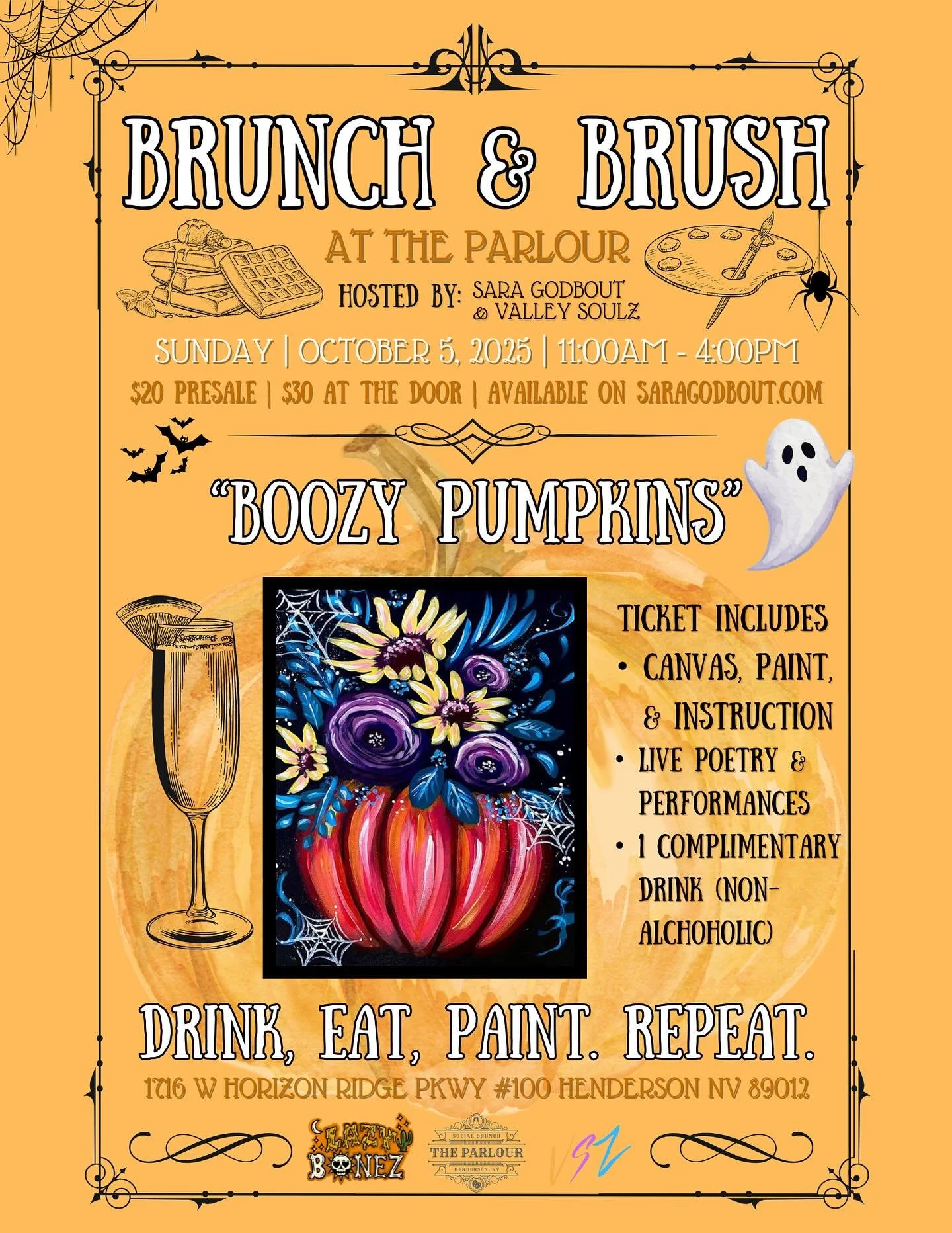 🎃🥂 BRUNCH & BRUSH is back TOMORROW at The Parlour in Henderson!
Join us Sunday, October 5th from 11AM–4PM at 1716 W Horizon Ridge Pkwy, Suite 100 for a cozy day of painting, sipping, and spooky vibes 👻
Led by @sara.godbout , we’ll