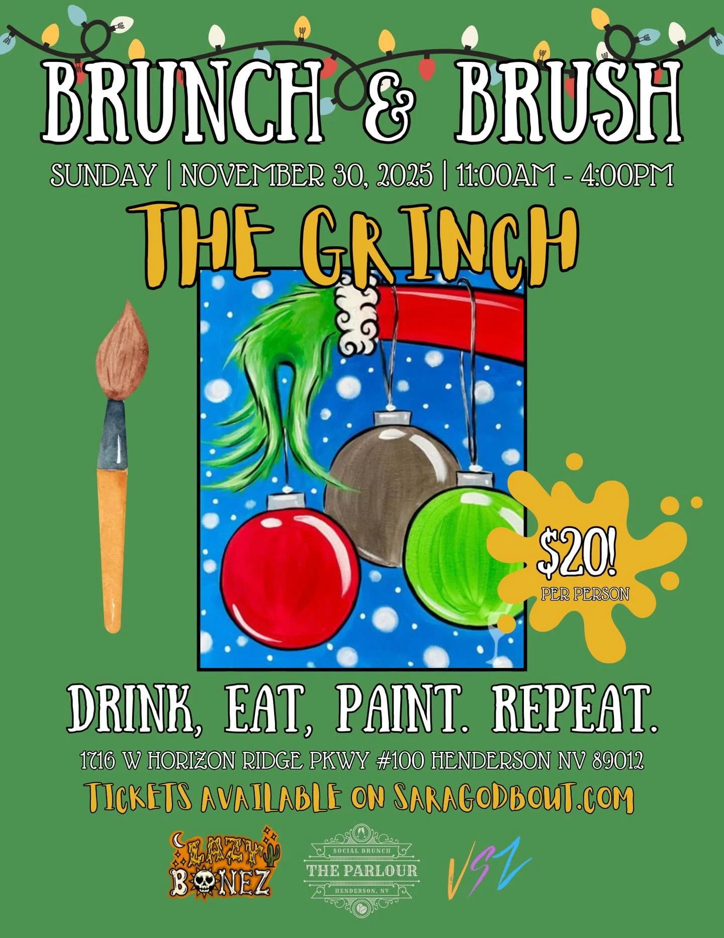 ✨ BRUNCH &amp; BRUSH FINAL EVENT OF THE SEASON! ✨

This Sunday, November 30th from 11AM&ndash;4PM, join The Parlour, Sara Godbout, and Valley Souls for our LAST Brunch &amp; Brush of the year! As requested we&rsquo;re going out with a Christmas speci