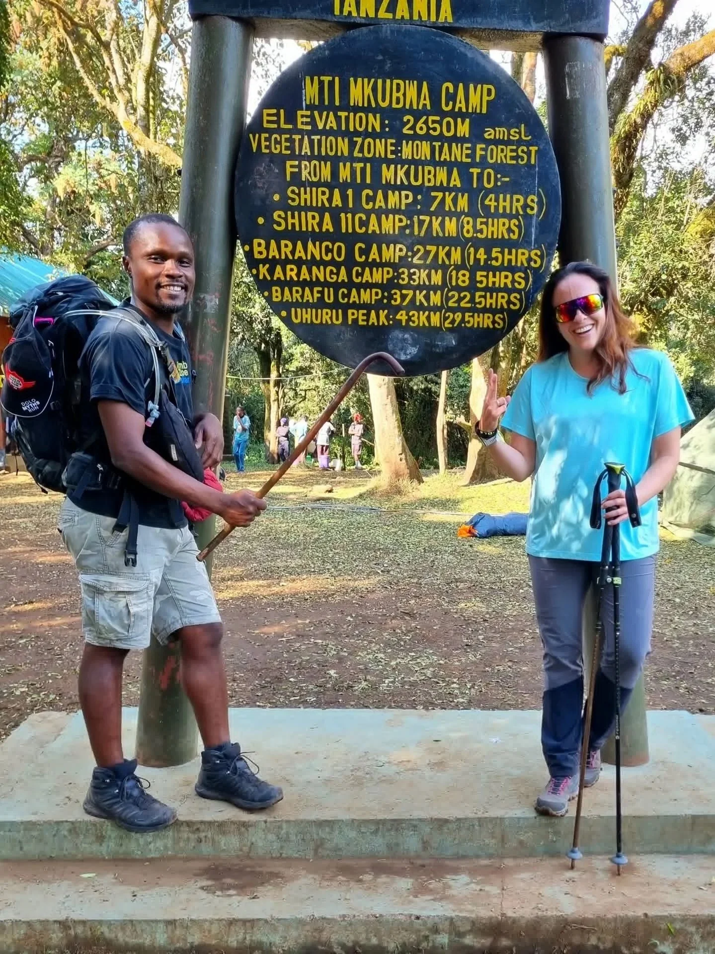 Leone and Simona at one of the iconic camp signs on Kili!