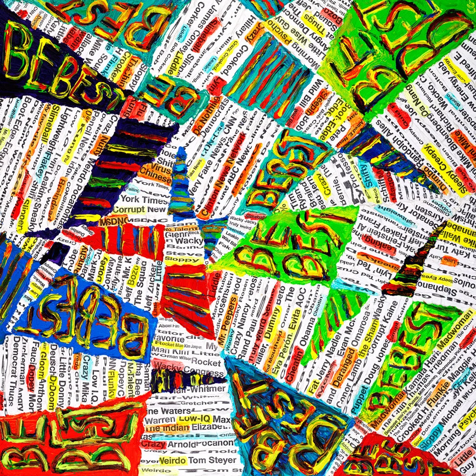 Self directed concept on his vitriolic childish insults; the triangle forms were inspired by retro school/sport pennants; acrylic paint  and analog collage.