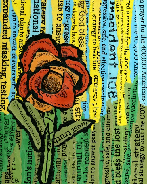 Self directed concept for AFA gallery show theme: 'Love in the time of Covid'; the embedded words are from Biden's covid letter/plan.