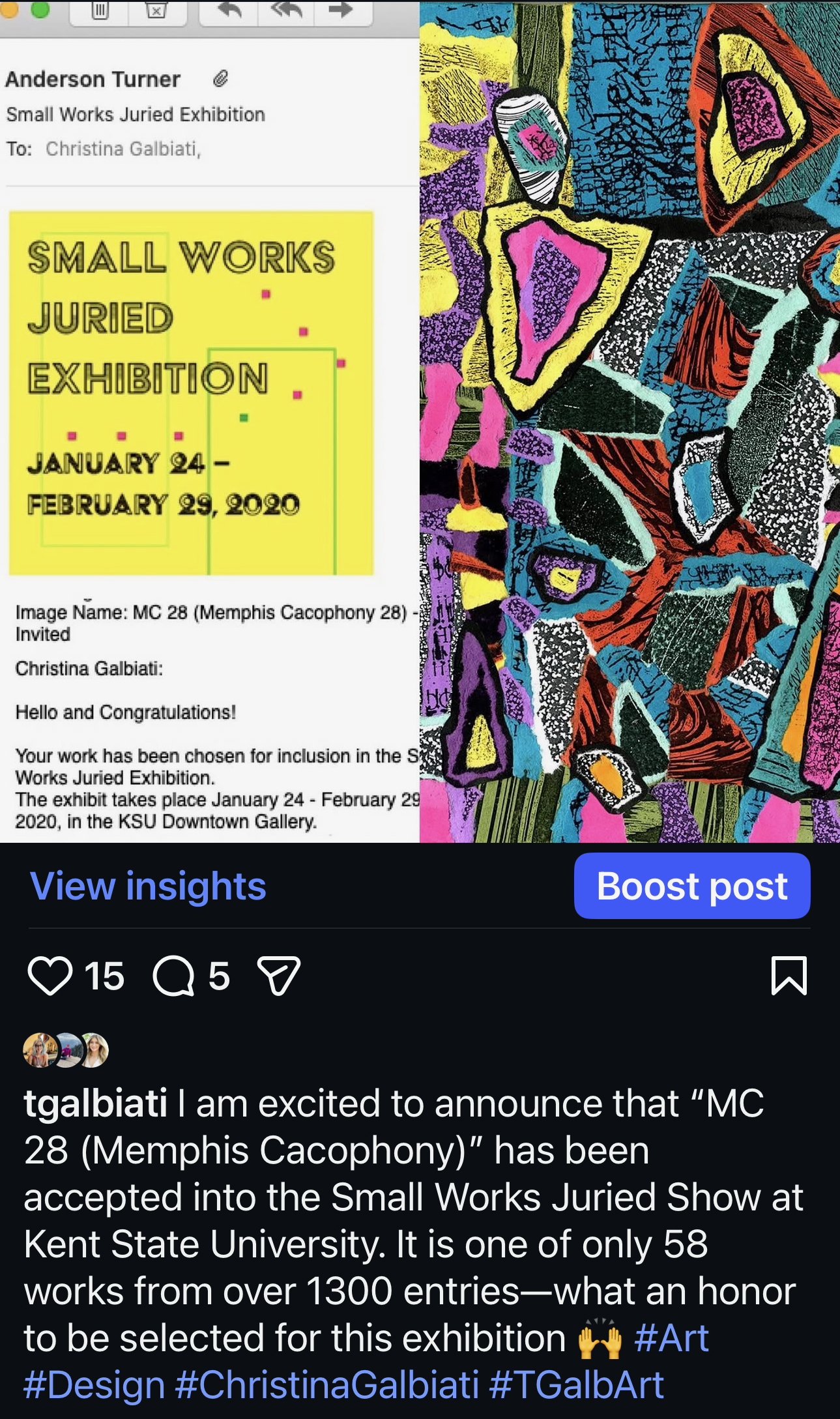 A digital image featuring a colorful abstract artwork on the right and an exhibition invitation on the left. The invitation mentions Anderson Turner for the Small Works Juried Exhibition at Kent State University, with the dates January 24 to February 29, 2020. The artwork showcases vibrant, bold geometric shapes with varied patterns and textures.