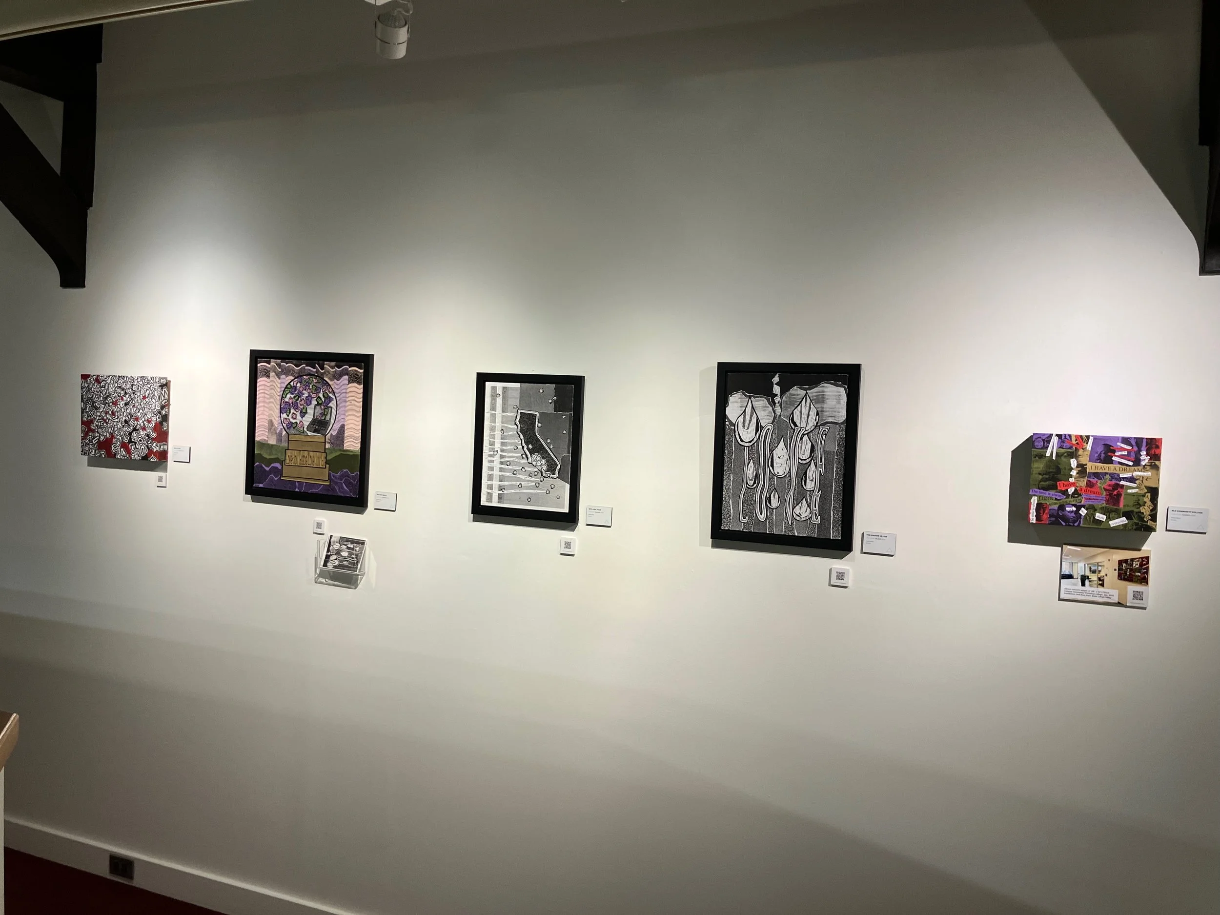 Gallery wall featuring six framed artworks, with labels and a brochure holder below the third piece from the left, in a well-lit art gallery.