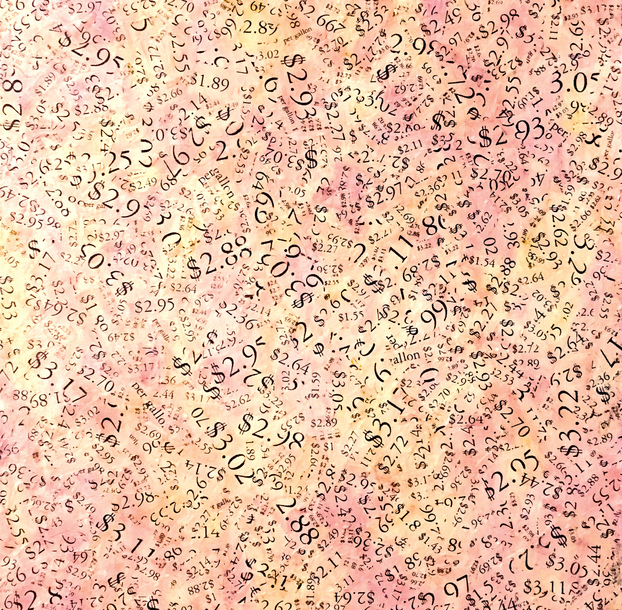 A collage of various handwritten and printed prices, weights, and measurements, overlapping and scattered across a pinkish background.