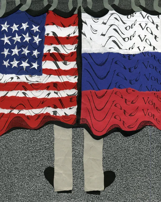 Voting concept, inspired by retro curtain vote booths; U.S. vs Russia.