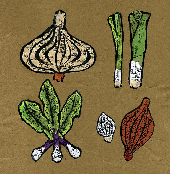 Illustration of various vegetables made from cut-out text on a brown background. Includes a mushroom, asparagus, a head of lettuce, a garlic bulb, and an onion.