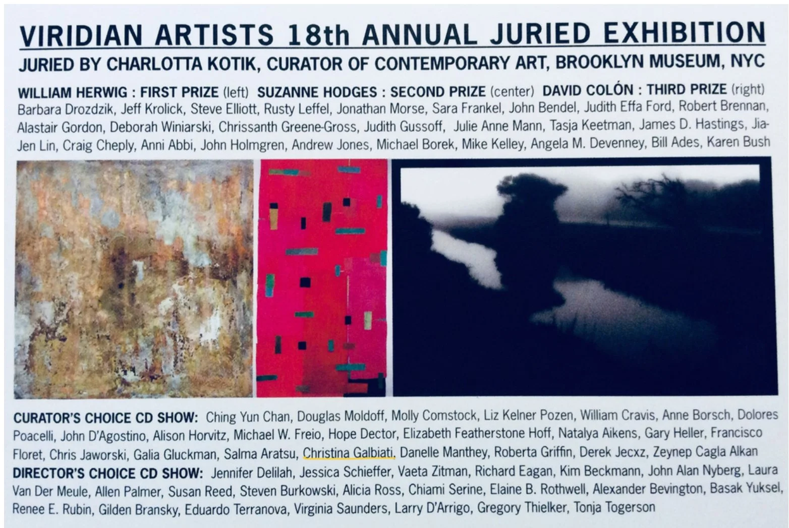 Flyer for the Viridian Artists 18th Annual Juried Exhibition featuring three art pieces: a textured abstract painting, an abstract artwork with geometric shapes in pink and green, and a dark landscape photo with trees and sky. The flyer lists winners and participating artists.