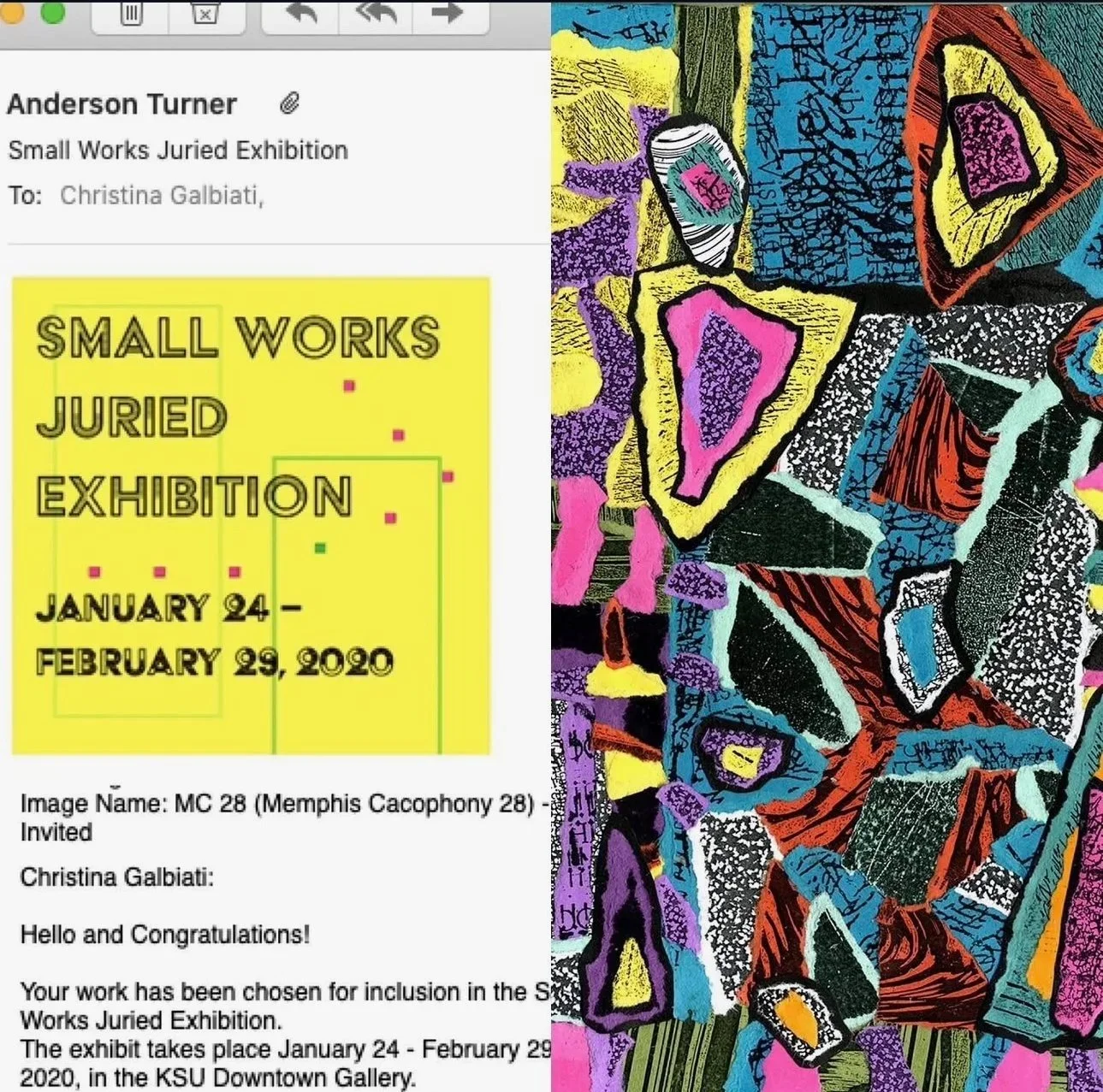 A digital image displaying an invitation for the 'Small Works Juried Exhibition' held from January 24 to February 29, 2020, at the KSU Downtown Gallery, with an abstract colorful artwork on the right side.