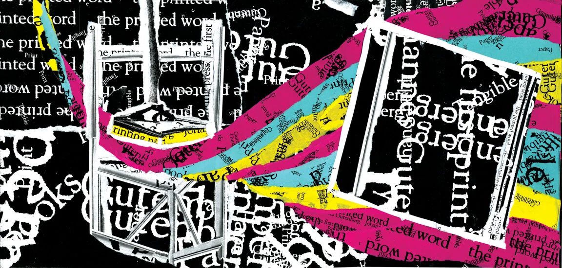 Editorial concept on the future of print via Gutenberg-inspired press collage  with undulating cmyk waves.