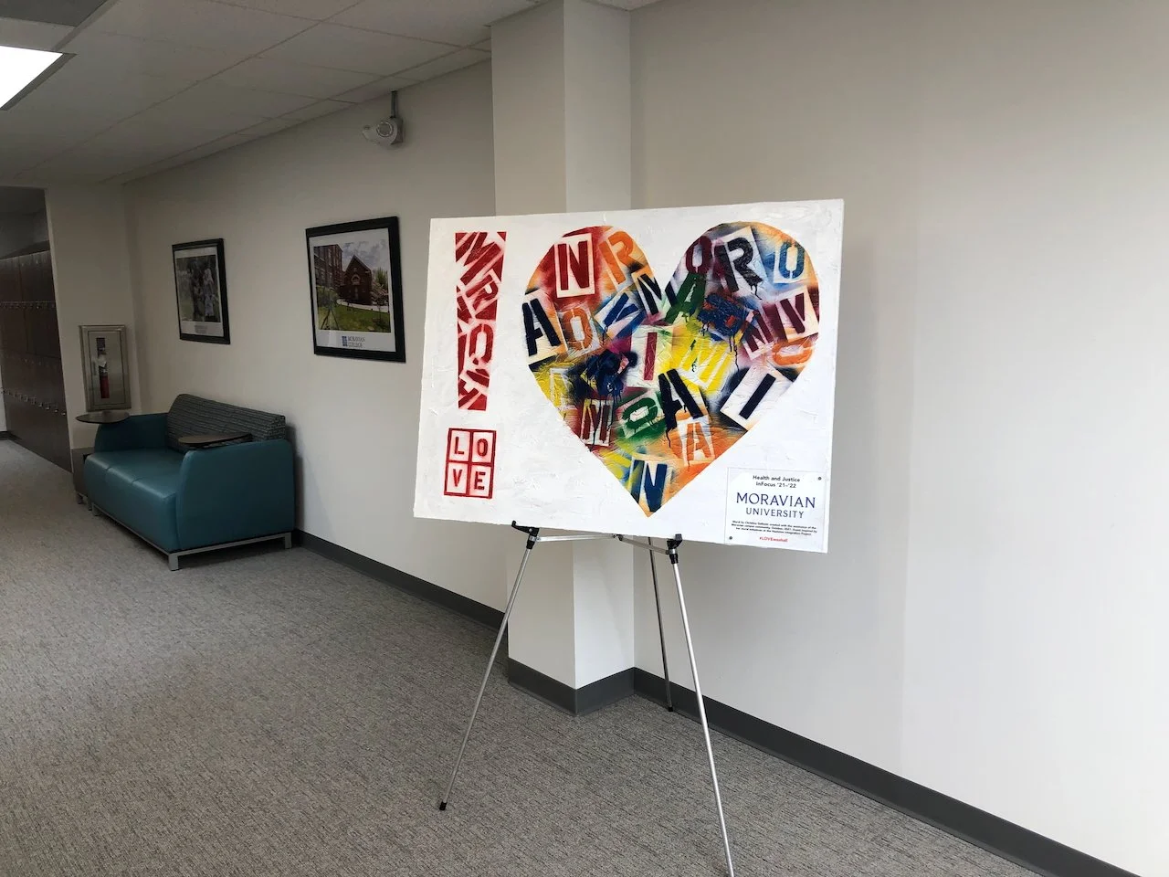 Final pieces traveled throughout campus featured in each location for appx. a month; Fall 2021 and Spring 2022; shown here Moravian Rehabilitation / Health Sciences Campus Building.
