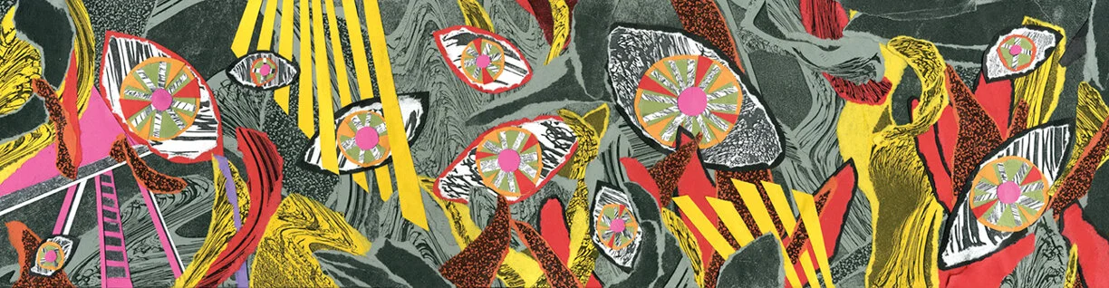 Inspired by fossil fuel over-reliance; oil derricks are collaged with dystopian derrick wheel eyes to symbolize  "big brother".