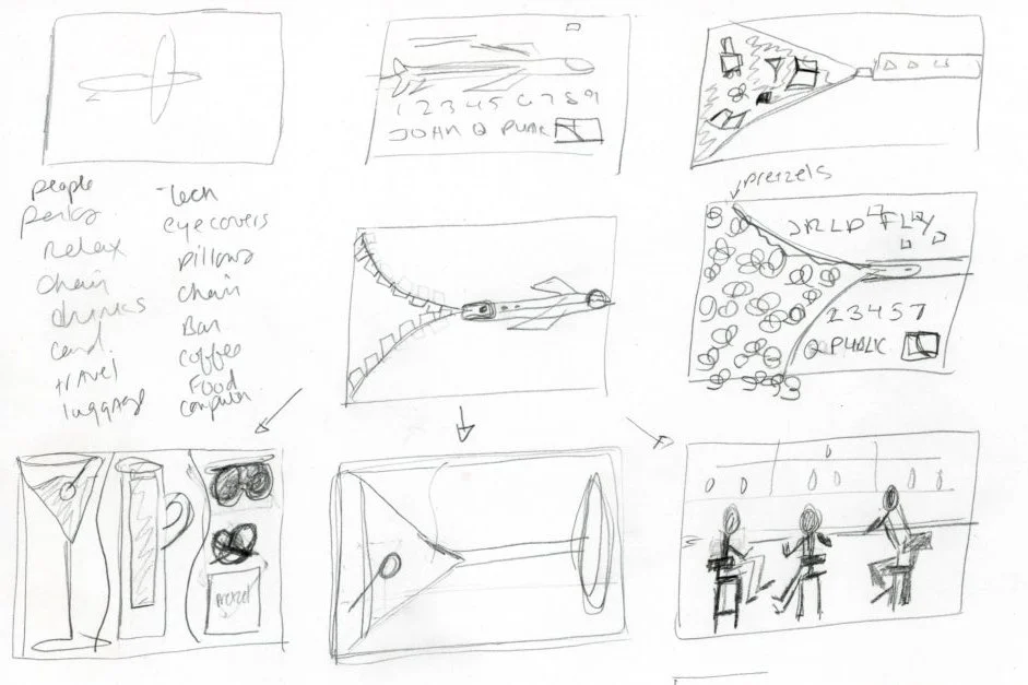 A collection of sketches illustrating different scenes, including people relaxing, a person running on a track, shopping in a grocery store, a desk with glasses and a mug, a person inside a tunnel, and individuals sitting at a bar or cafe.