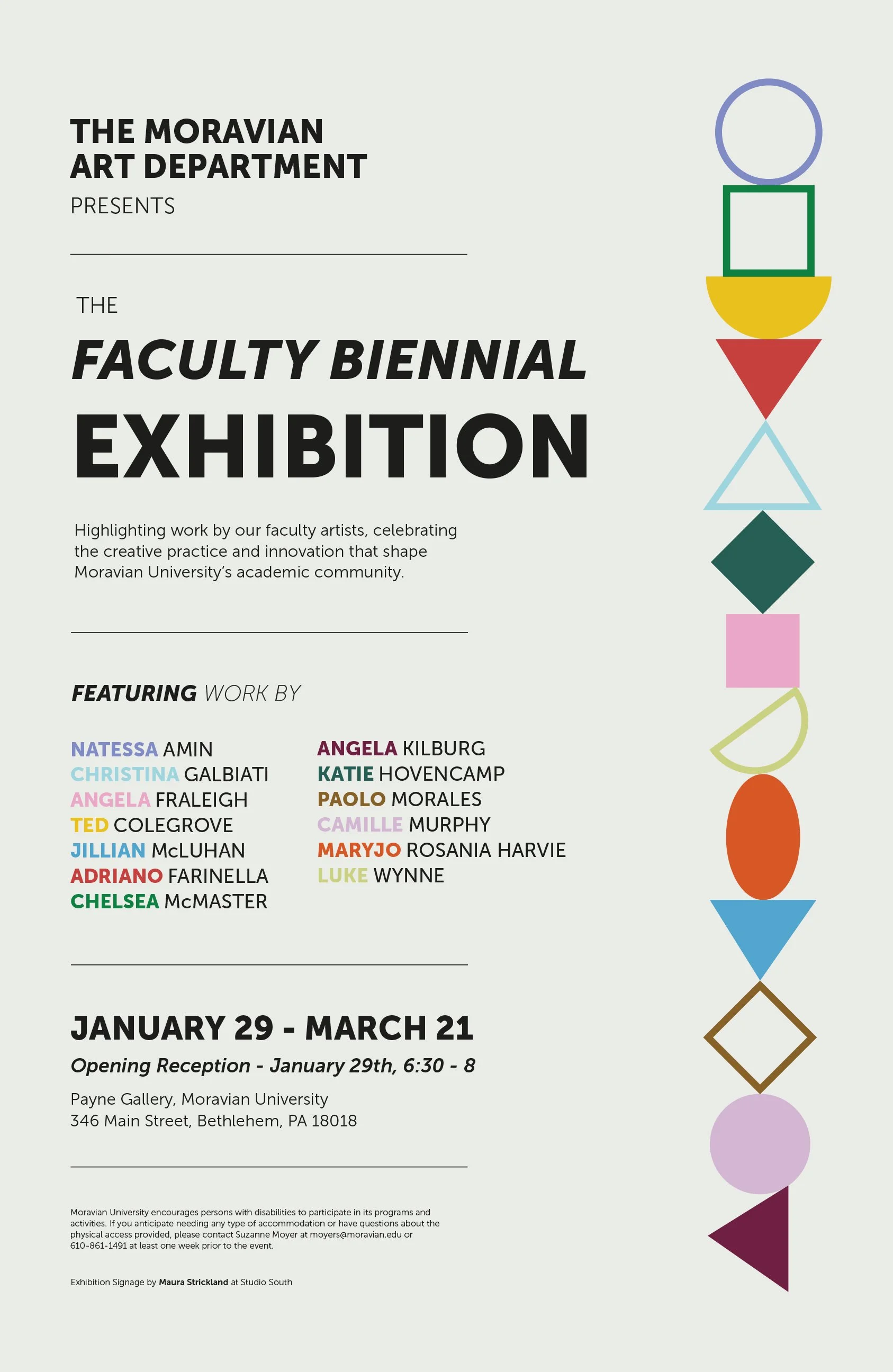 Poster for the Moravian Art Department's Faculty Biennial Exhibition, featuring artwork by several faculty members, with dates from January 29 to March 21 at Payne Gallery, Moravian University.