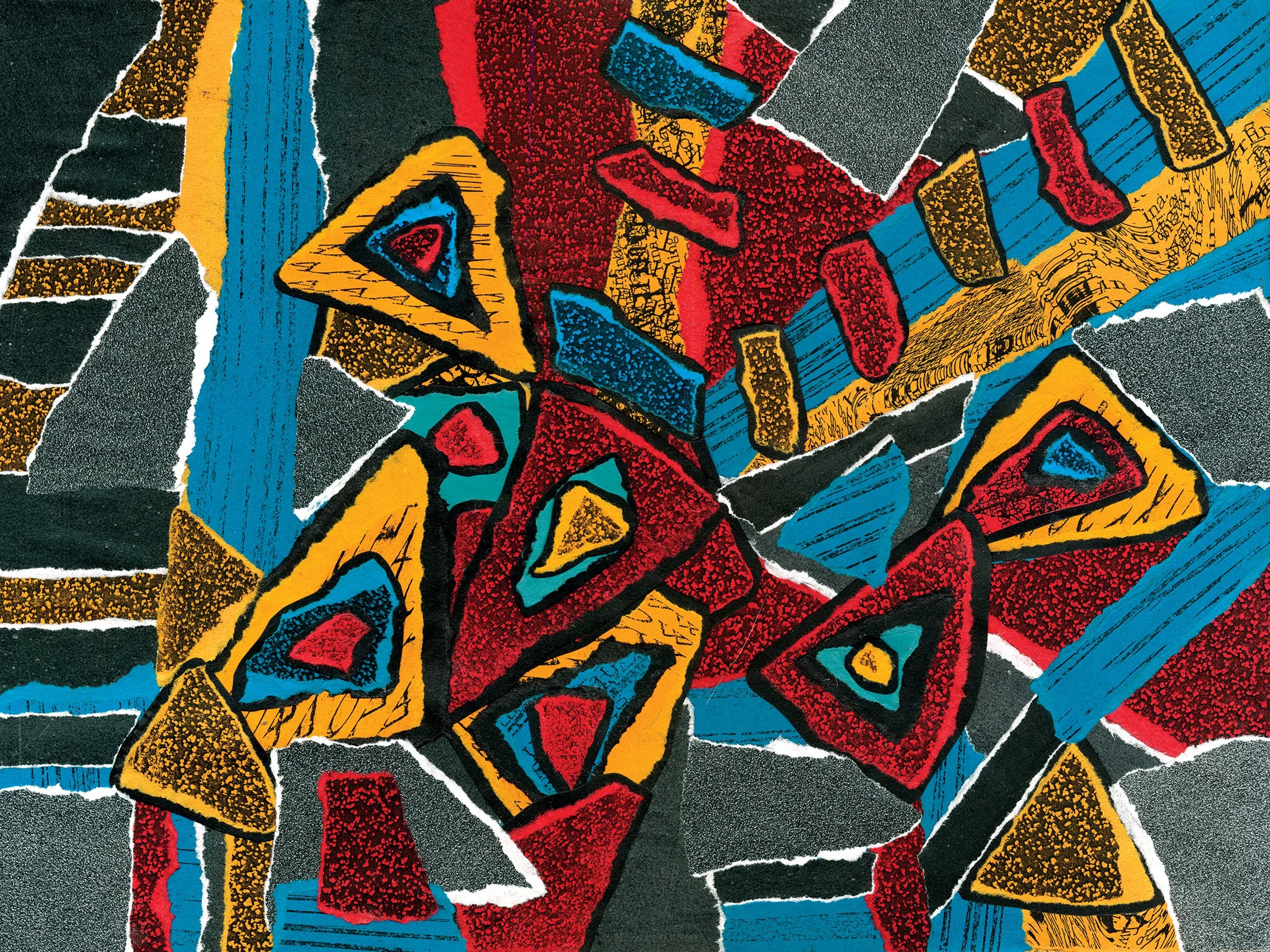 Abstract colorful artwork with geometric shapes including triangles and rectangles in red, yellow, blue, black, and white, with textured patterns.