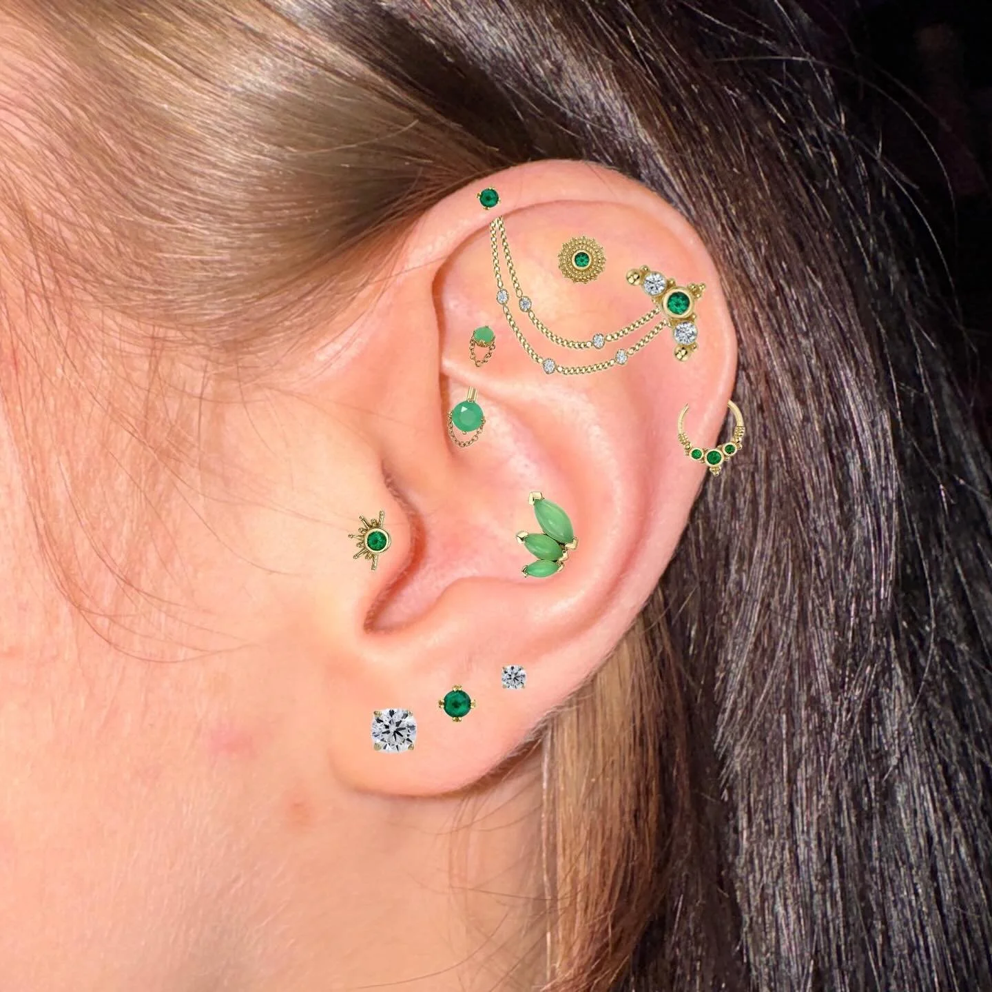 Virtual ear curation designs by @emerald.cowgirl ✨ Maeve is offering $5 off curation fees for the month of January! Follow the link in bio to book an ear curation consultation 🩵

We have a piercer on staff Tuesday through Saturday, noon-6pm! &bull; 