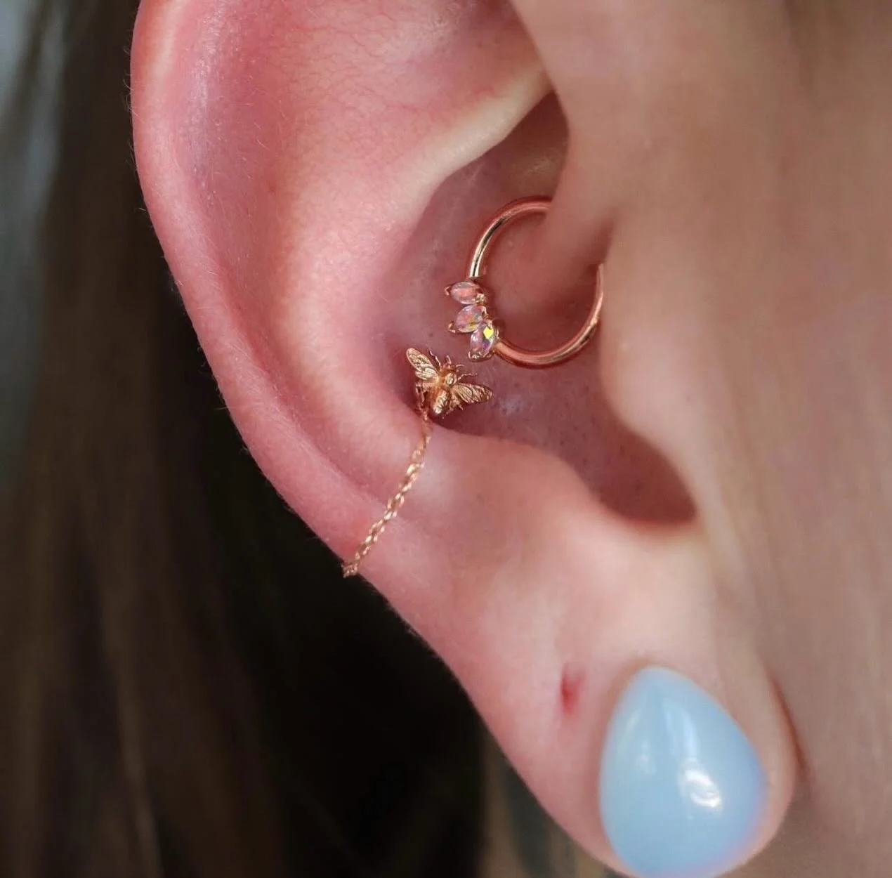 Conch and daith jewelry upgrade by @mothcults 🐝🌸 18k rose gold and mercury mist topaz by @anatometalinc + @bvla @bvlalove ✨

We have a piercer on staff Tuesday through Saturday, noon-6pm! &bull; 

🥀@larosatattooco 
3307 S College Ave Unit 102-B
Fo