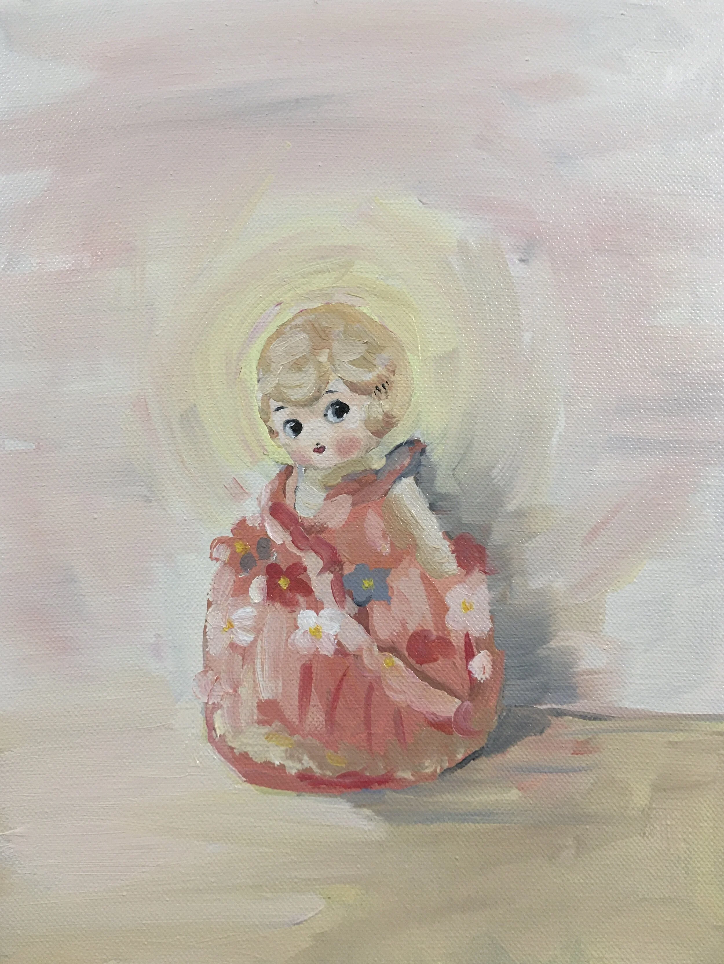 SOLD - Friend in a frilly dress , 2020. Oil on board, 20 x 30cm