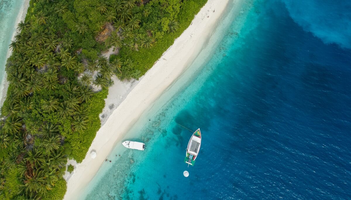 Aerial view of a tropical island beach