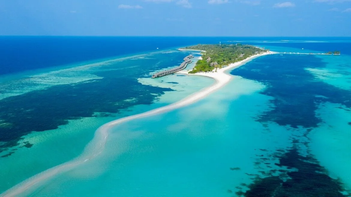 Aerial view of the island and sandbar