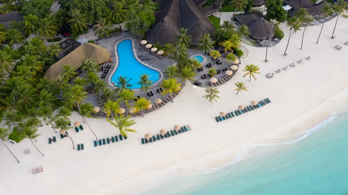 Aerial view of the pool and beach