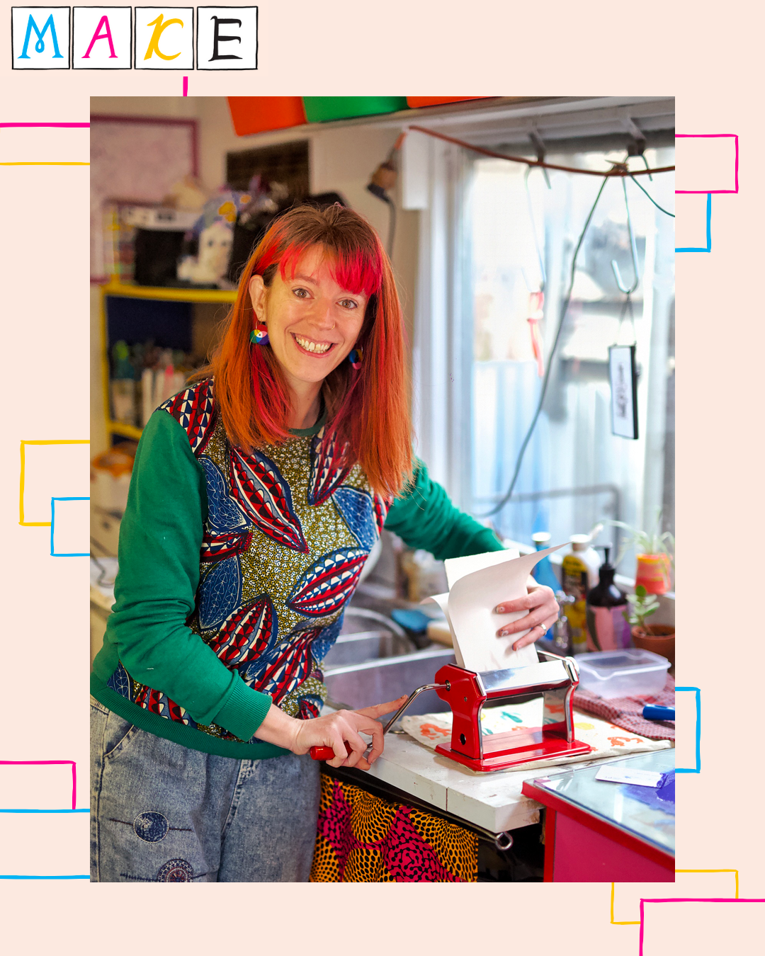 Emilie printing in a pasta maker