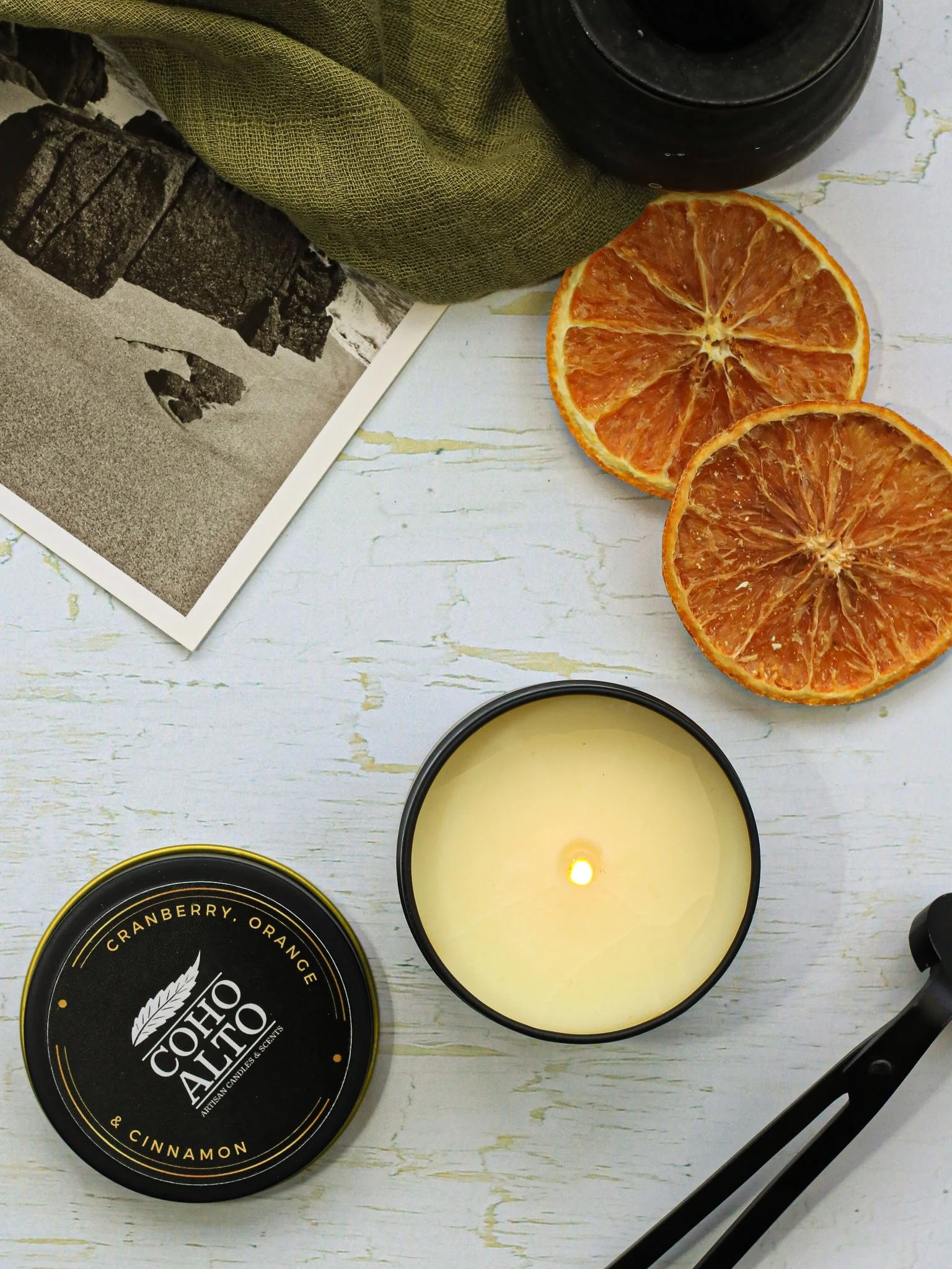 Autumn winter fragranced candle with props