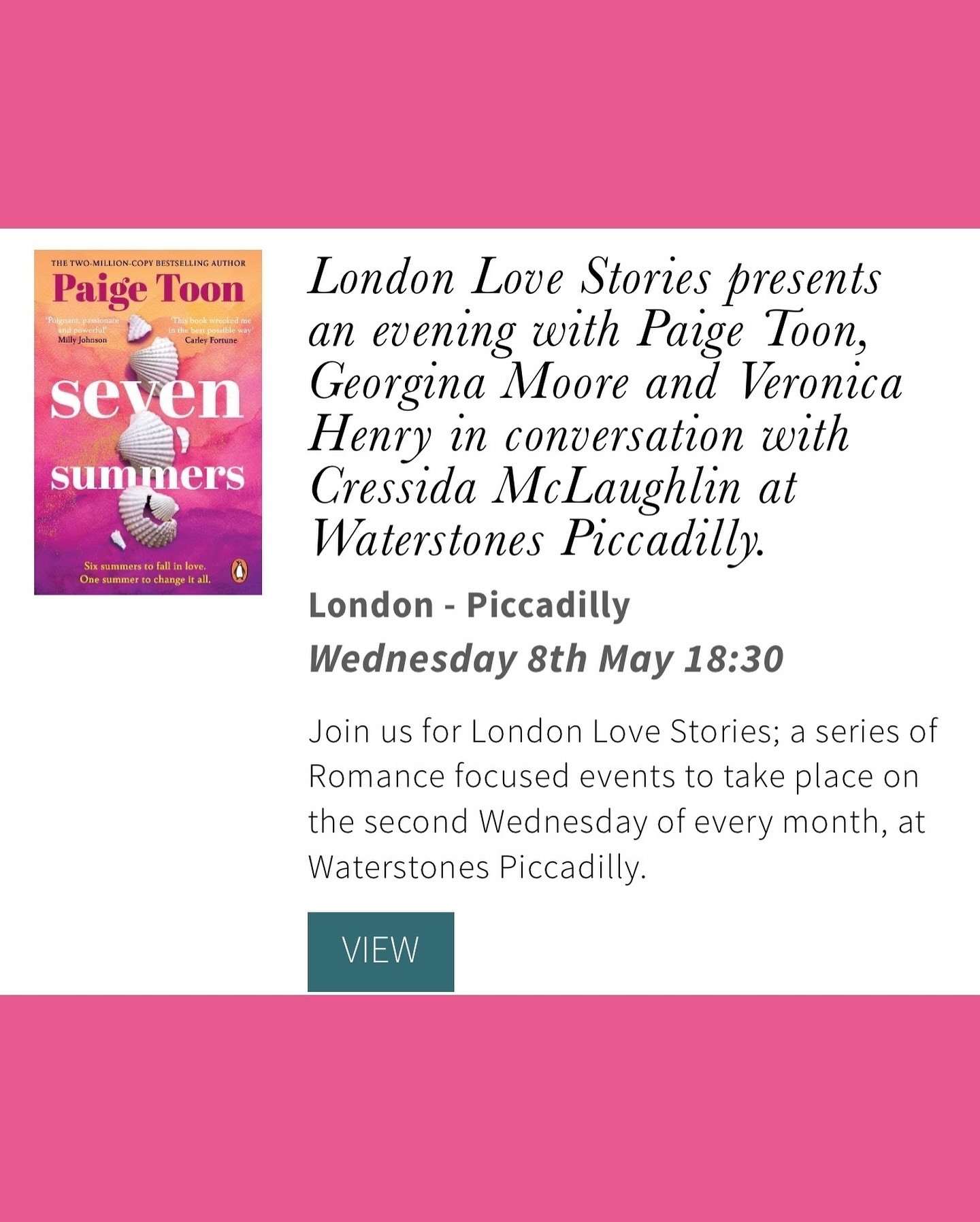 I am REALLY looking forward to this London Love Stories event, where I&rsquo;ll be talking to @paigetoonauthor, @georginamooreauthor and @veronicahenryauthor about their wonderful books at Waterstones Piccadilly. 💖

It should be a brilliant night, (
