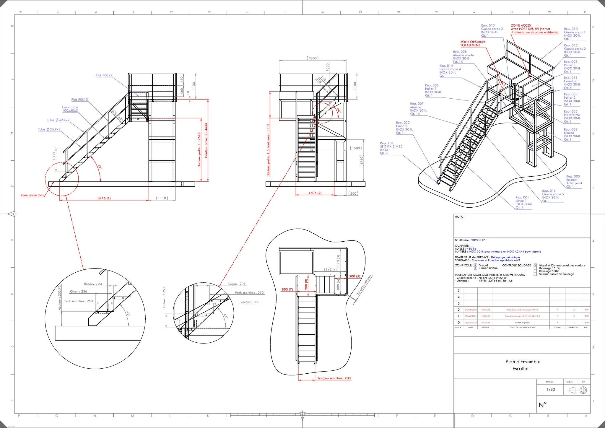 Plan technique d'une structure d'escalier en métal, incluant différentes vues et détails de construction avec dimensions et annotations en français.
