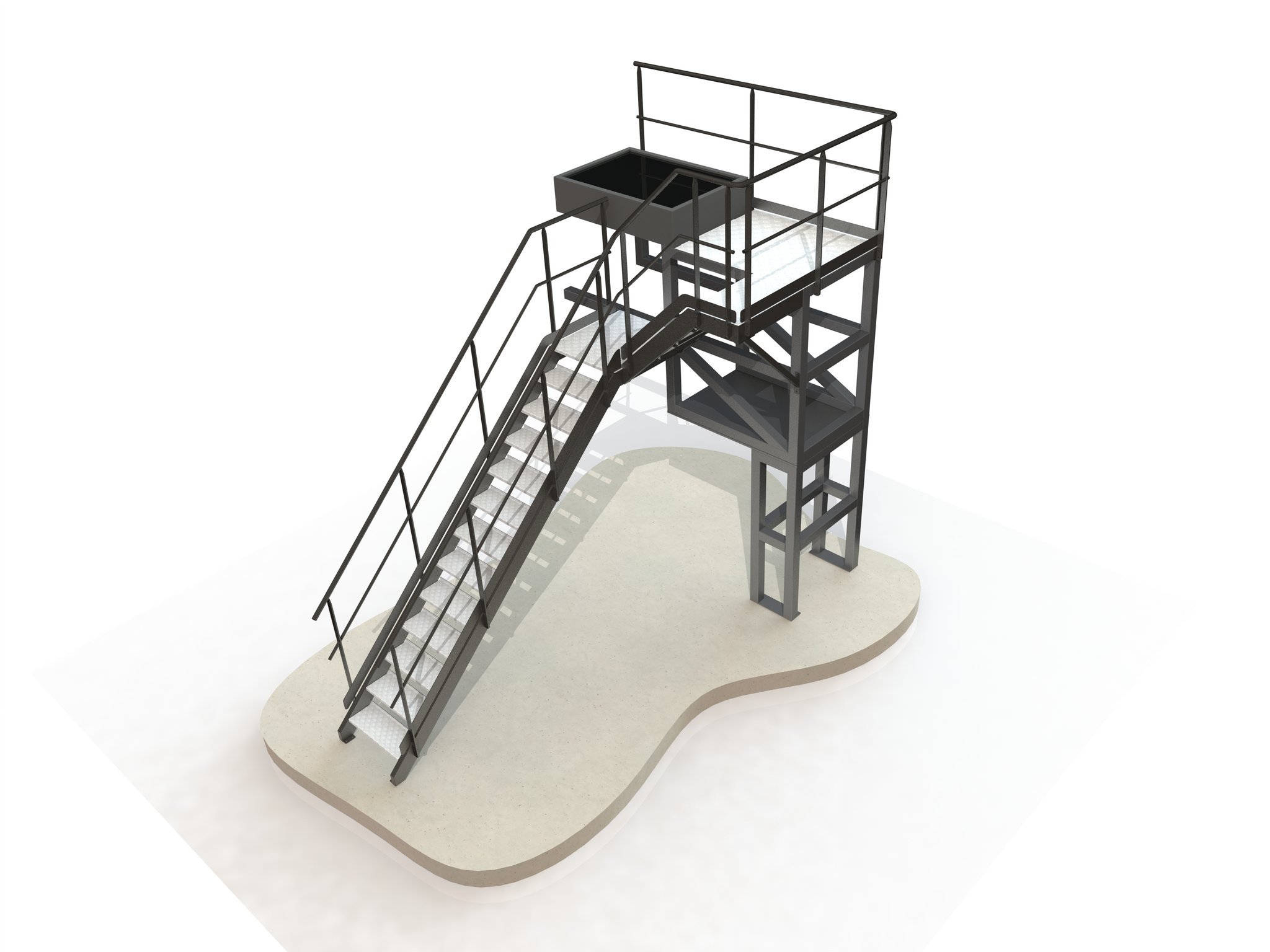 Structure métallique avec une échelle pour atteindre une plateforme d'observation ou de travail, située sur une base en béton.