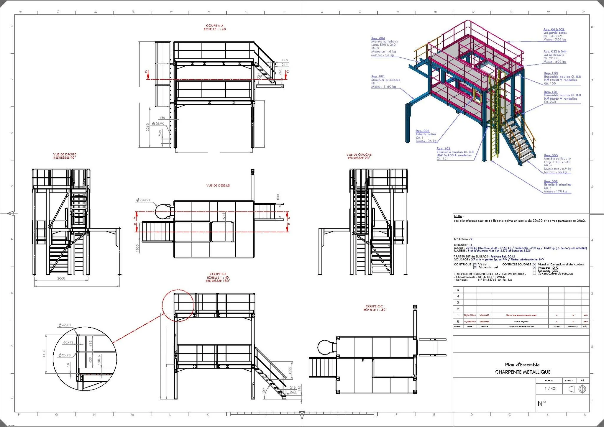 Plan d'ensemble d'une structure en charpente métallique avec différentes vues techniques, coupes et détails, comprenant escaliers, plateformes, et éléments de fixation.