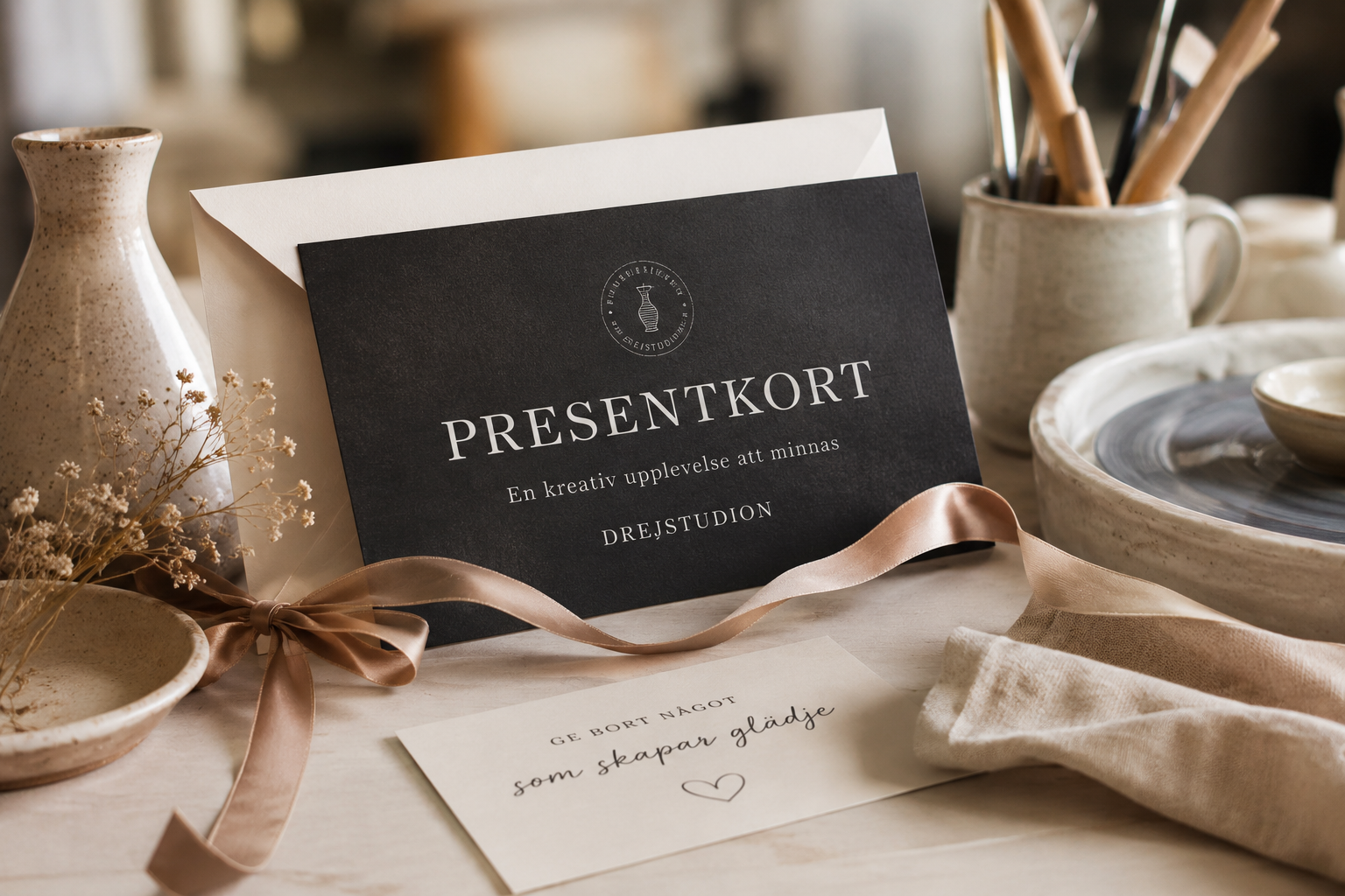 presentkort med texten 'PRESENTKORT En kreativ upplevelse att minnas DREJSTUDION', omges av porslinsvaser, en skål, ett kort med texten 'GE BORT NÅGOT som skapar glädje', samt dekorativa blommor på ett bord.