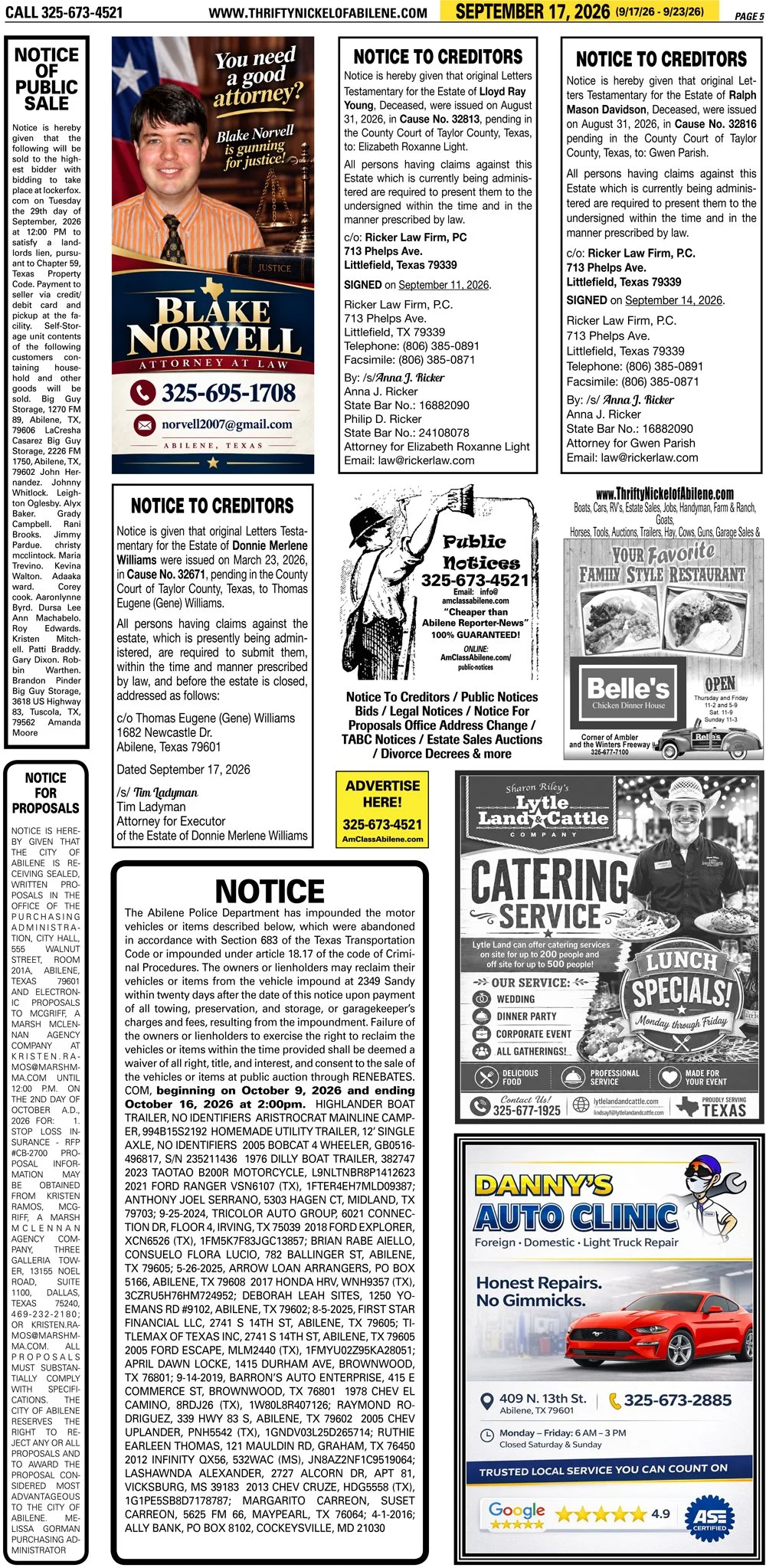Publish public and legal notices in Abilene, Texas, and 30+ surrounding counties with fast, reliable placement in trusted Taylor County newspapers. We assist individuals, attorneys, and businesses with citation by publication, notice to creditors, ad