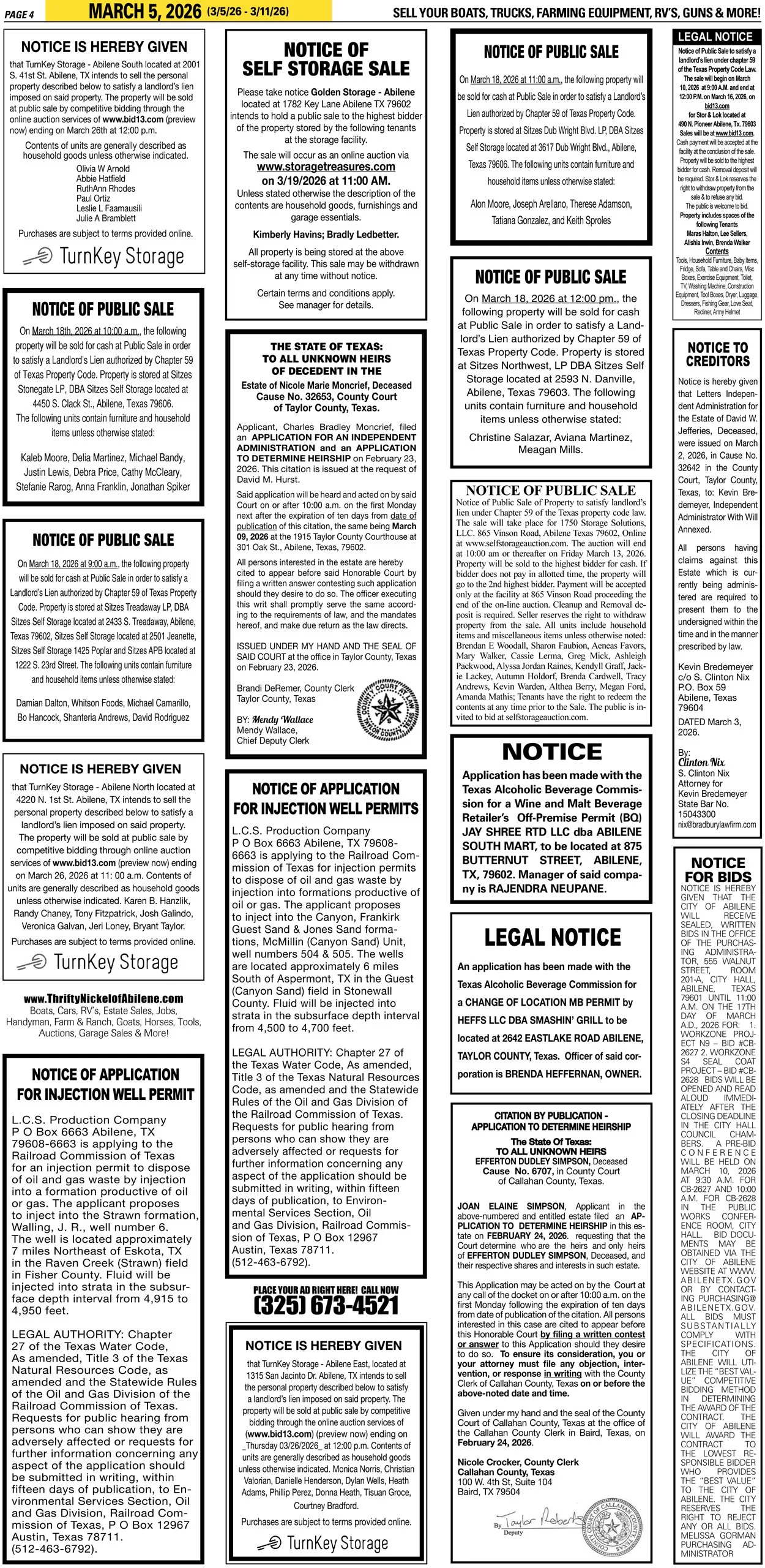 Publish public and legal notices in Abilene, Texas, and 30+ surrounding counties with fast, reliable placement in trusted Taylor County newspapers. We assist individuals, attorneys, and businesses with citation by publication, notice to creditors, ad