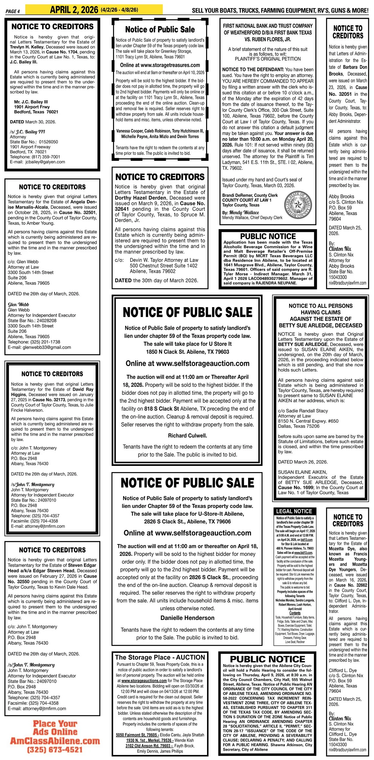 Publish public and legal notices in Abilene, Texas, and 30+ surrounding counties with fast, reliable placement in trusted Taylor County newspapers. We assist individuals, attorneys, and businesses with citation by publication, notice to creditors, ad