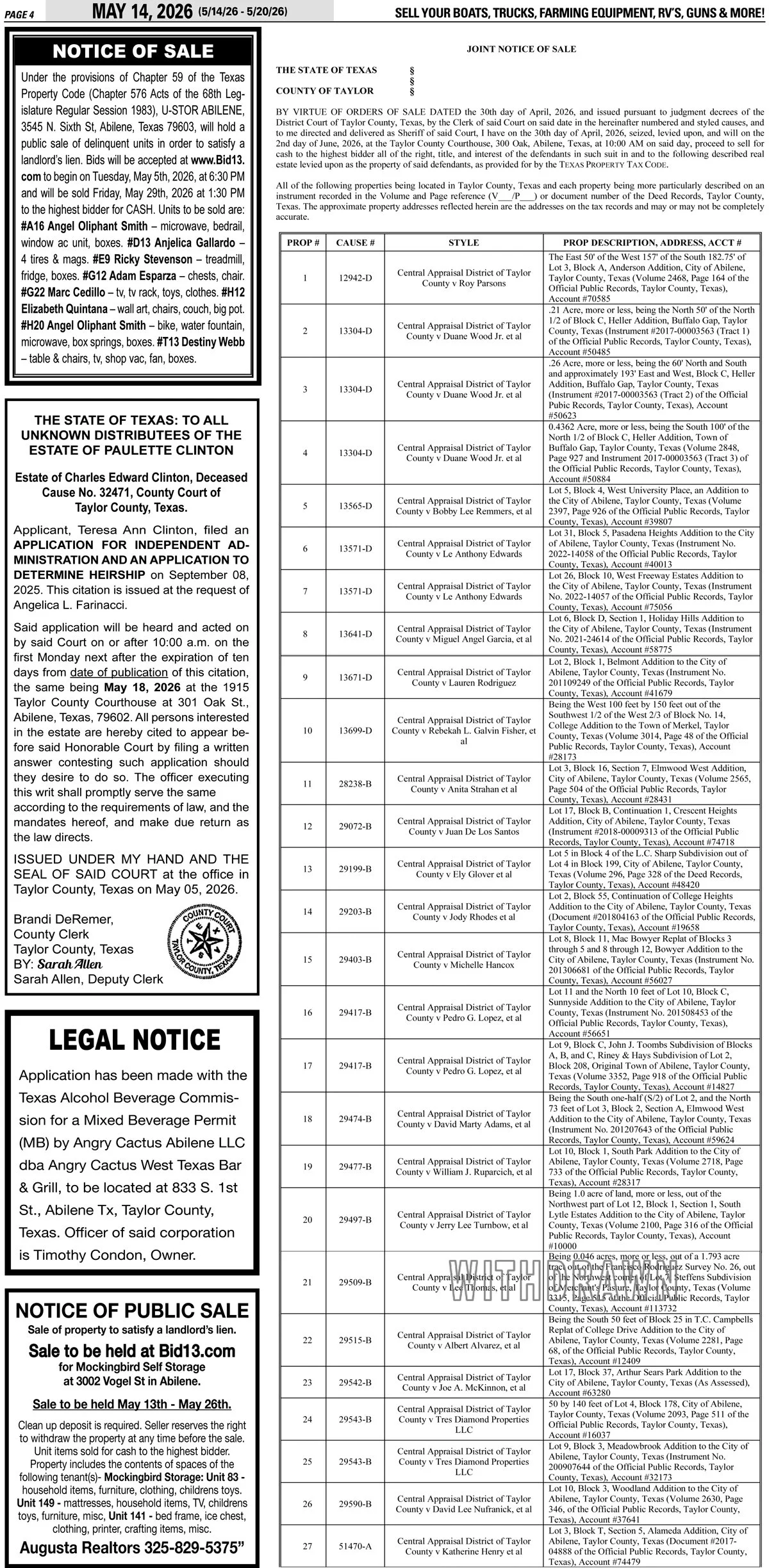 Publish public and legal notices in Abilene, Texas, and 30+ surrounding counties with fast, reliable placement in trusted Taylor County newspapers. We assist individuals, attorneys, and businesses with citation by publication, notice to creditors, ad