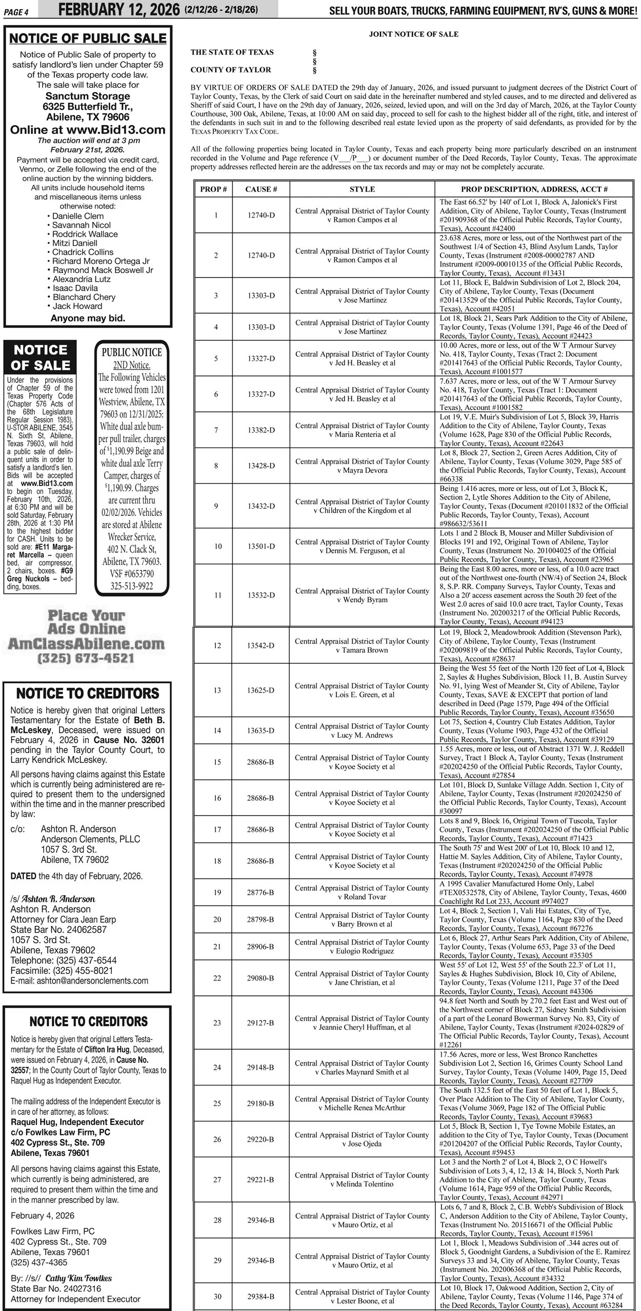 Publish public and legal notices in Abilene, Texas, and 30+ surrounding counties with fast, reliable placement in trusted Taylor County newspapers. We assist individuals, attorneys, and businesses with citation by publication, notice to creditors, ad