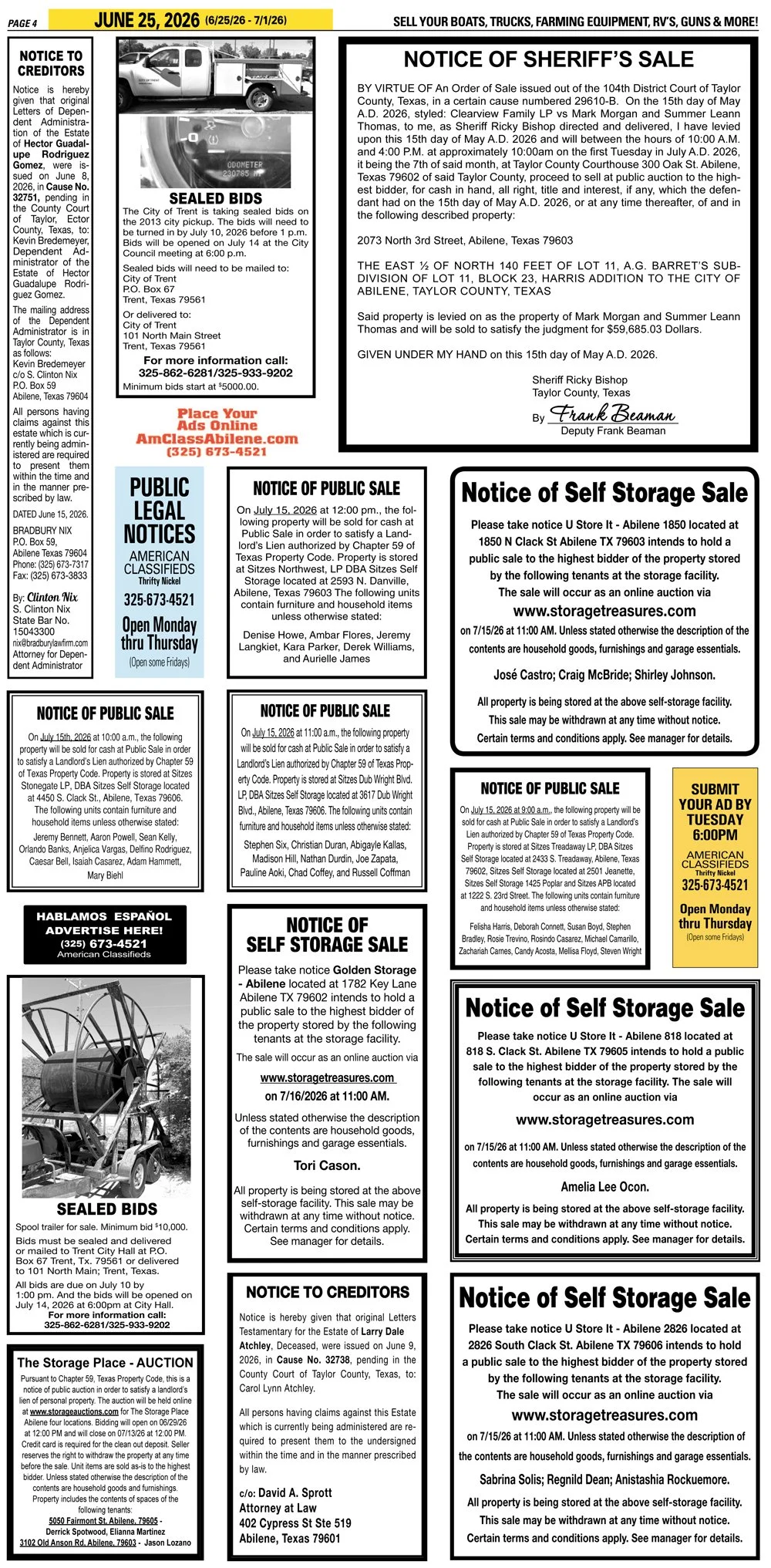 Publish public and legal notices in Abilene, Texas, and 30+ surrounding counties with fast, reliable placement in trusted Taylor County newspapers. We assist individuals, attorneys, and businesses with citation by publication, notice to creditors, ad