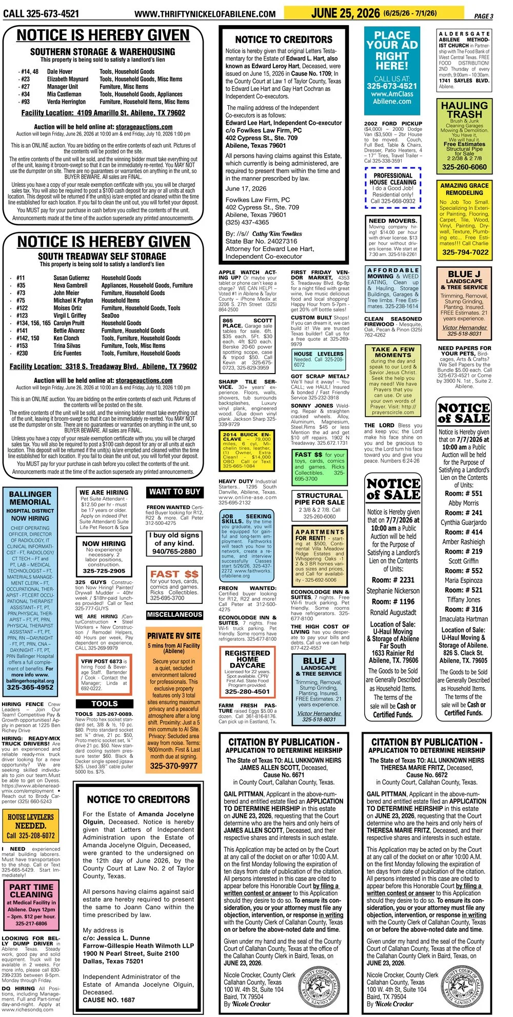 Publish public and legal notices in Abilene, Texas, and 30+ surrounding counties with fast, reliable placement in trusted Taylor County newspapers. We assist individuals, attorneys, and businesses with citation by publication, notice to creditors, ad