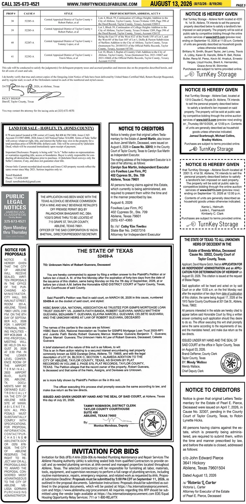 Publish public and legal notices in Abilene, Texas, and 30+ surrounding counties with fast, reliable placement in trusted Taylor County newspapers. We assist individuals, attorneys, and businesses with citation by publication, notice to creditors, ad